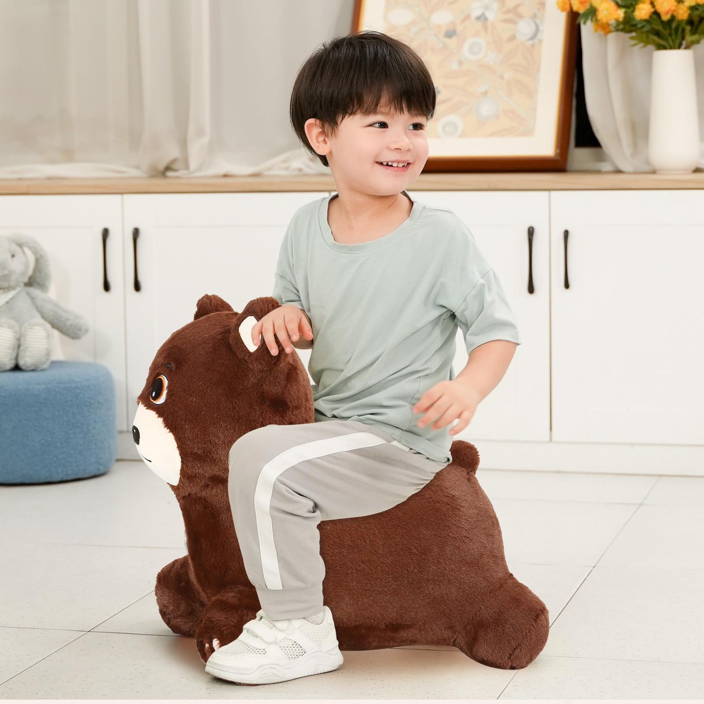 INPANY Bouncy Horse, Bear Hopper Toys, Toddlers Brown Bouncing Animal, Inflatable Plush Bounce Buddies, Kids Ride on Rubber Bouncer, Indoor Outdoor Birthday Gifts Toy for 2 3 4 Year Old Girls Boys