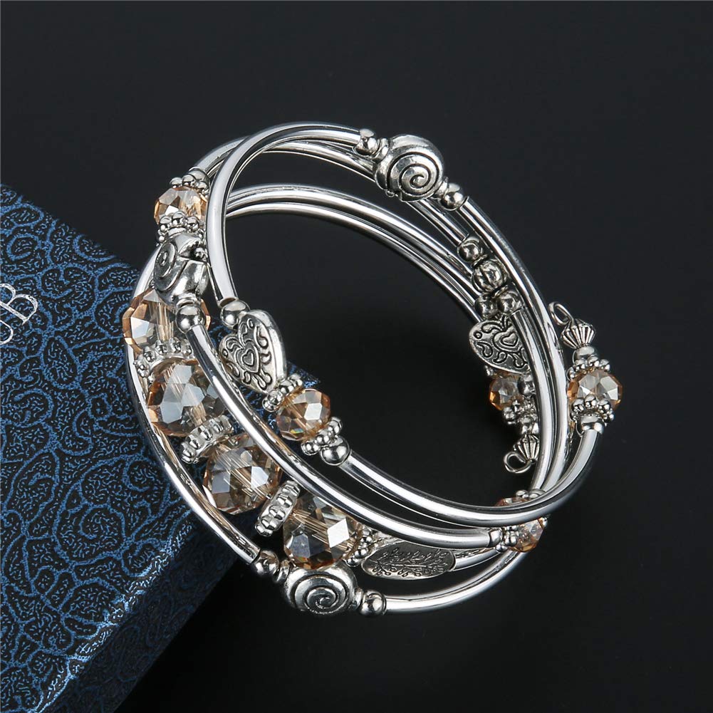 PEARL&CLUB Bead Crystal Wrap Bangle Bracelet - Fashion Jewelry Beaded Bracelet with Silver Metal, Gifts for Women(23-Champagne)