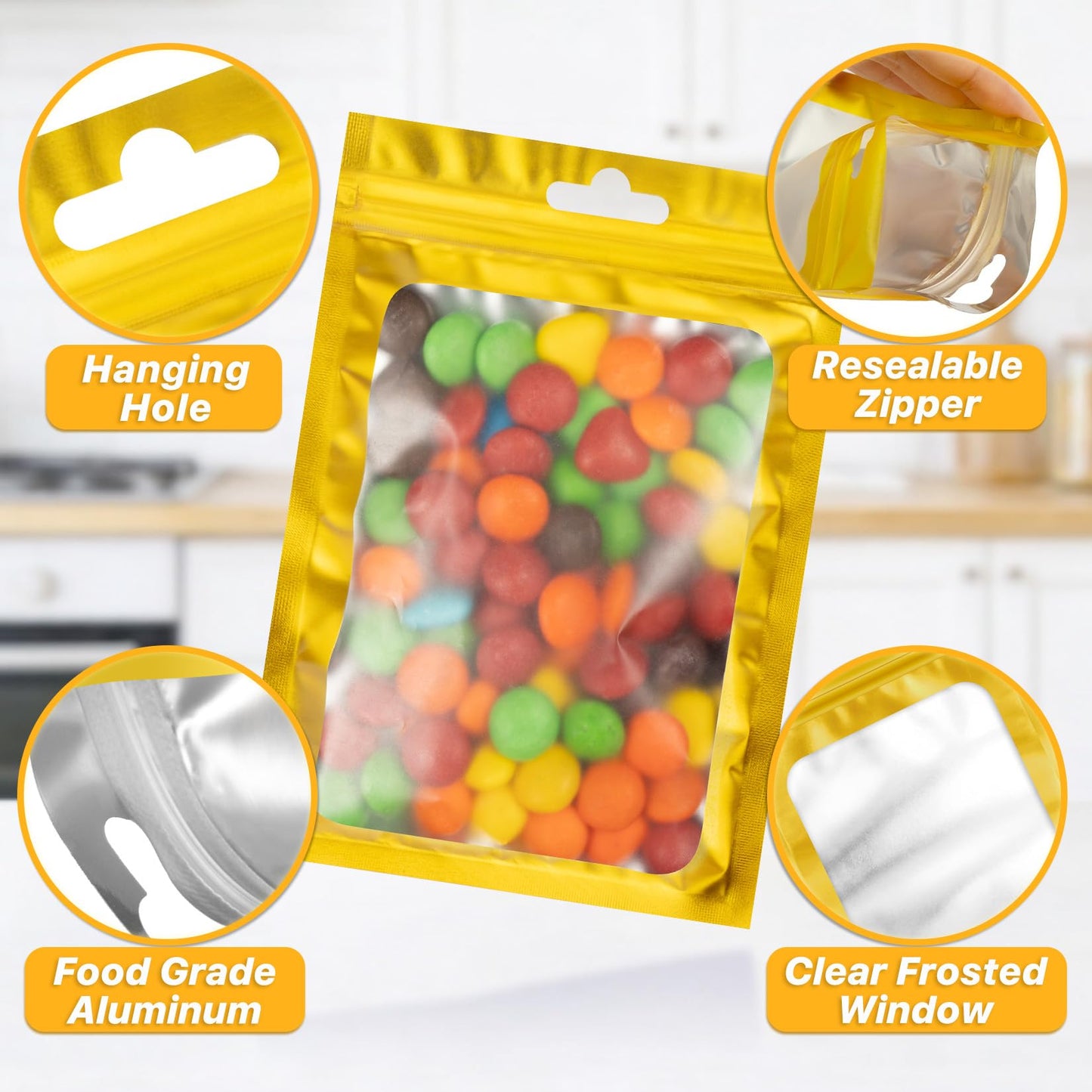 100 PCS Resealable Mylar Bags with Frosted Clear Window Smell Proof Packaging Bags Foil Pouch Zip Bag for Food Self Sealing Storage Supplies Treat Bag (Golden, 4.72x7.1)