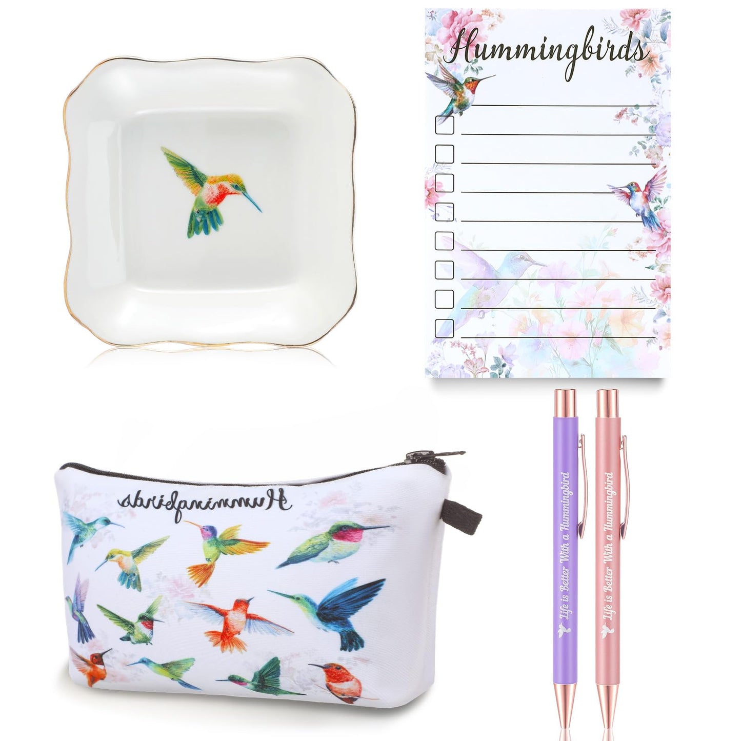 Dansydaisy 4 Pcs Hummingbird Valentine's Day Women Gifts Include Ring Dishes, Ballpoint Pen, Sticky Notes to Do List, Makeup Bag, for Wife Sister Best Friend, for Birthday Christmas Gifts