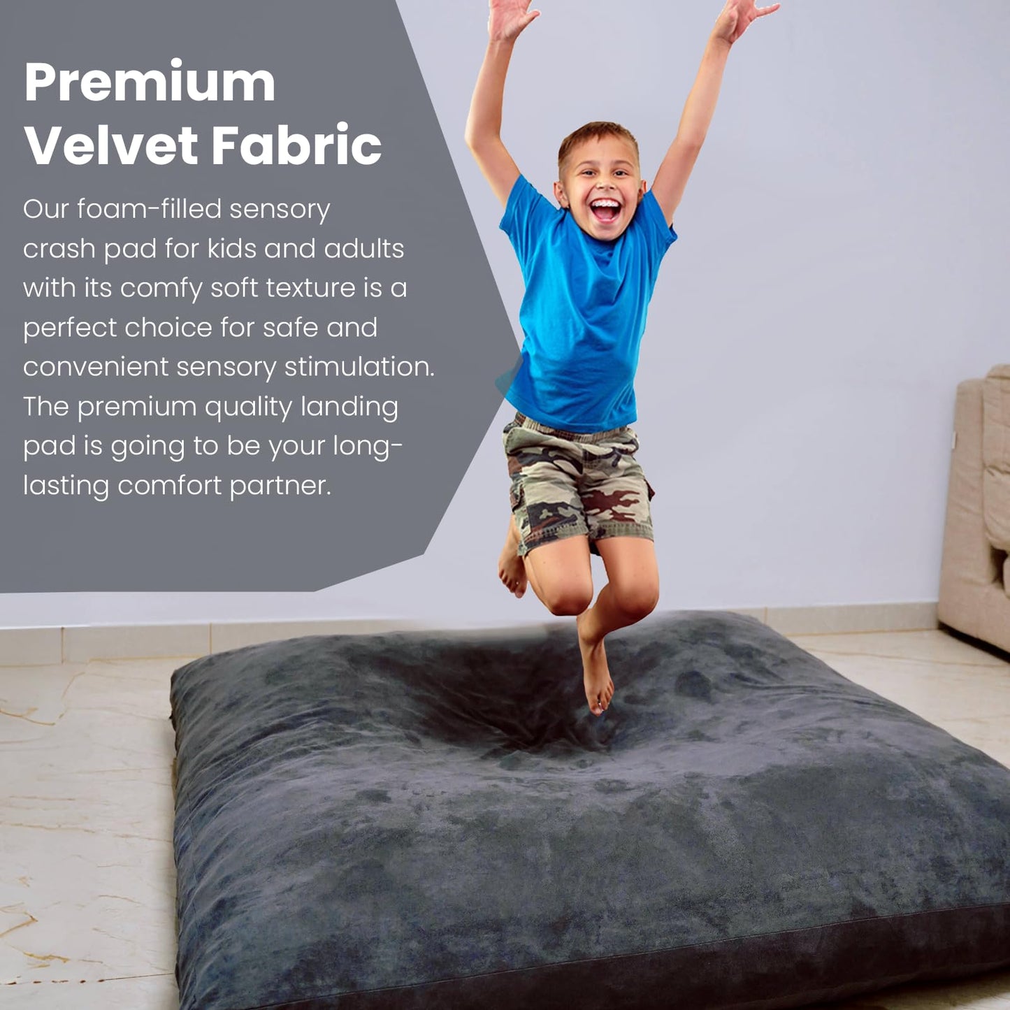 SENSORY4U Crash Pad for Kids Sensory Crash Pad with Foam Blocks - XL (5 Foot X 5 Foot) Grey - for Sensory Gym Room with Washable Cover