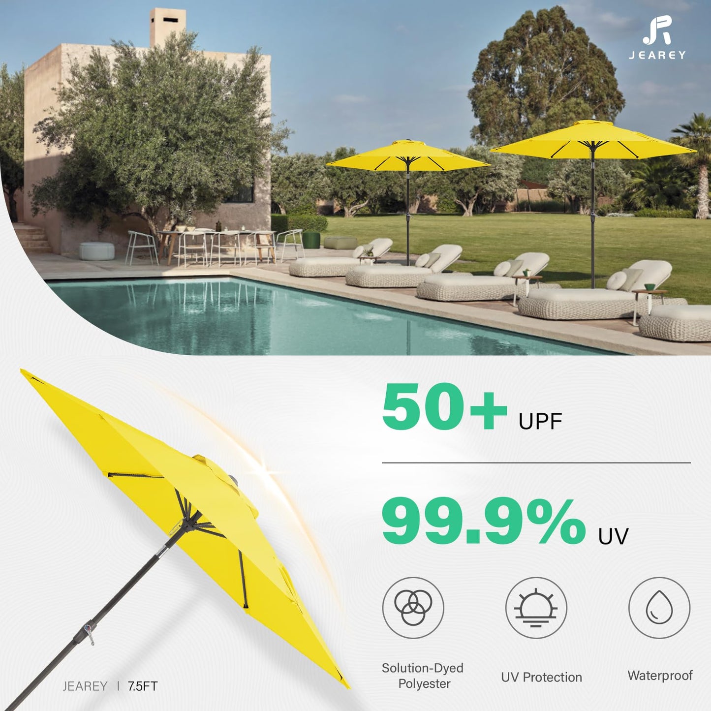 JEAREY 7.5FT Patio Umbrella Market Table Umbrella with 6 Sturdy Ribs, Push Button Tilt/Crank Outdoor Umbrella for Garden, Deck, Backyard, Pool and Beach,Yellow