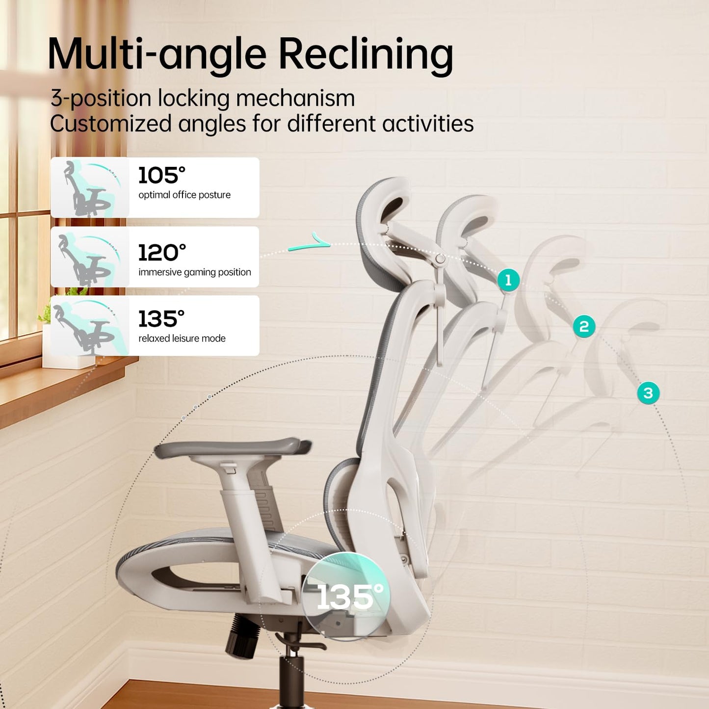 Hbada P2 Ergonomic Office Chair, Office Chair with 3D Lumbar Support, Mesh Chair with 3D 360° Rotation Arms, 3D Headrest & Comfortable Seat, 135° Stepless Tilt Function, White