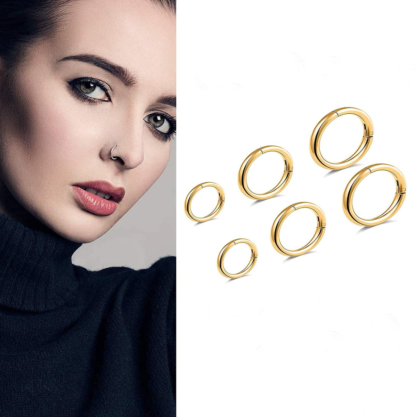 BOGKU 6pcs G23 Titanium Septum Rings Hinged Nose Ring Hoops for Women Men 16G Cartilage Hoop Earrings Body Piercing Jewelry Gold Lip Rings - Diameter 6mm 8mm 10mm