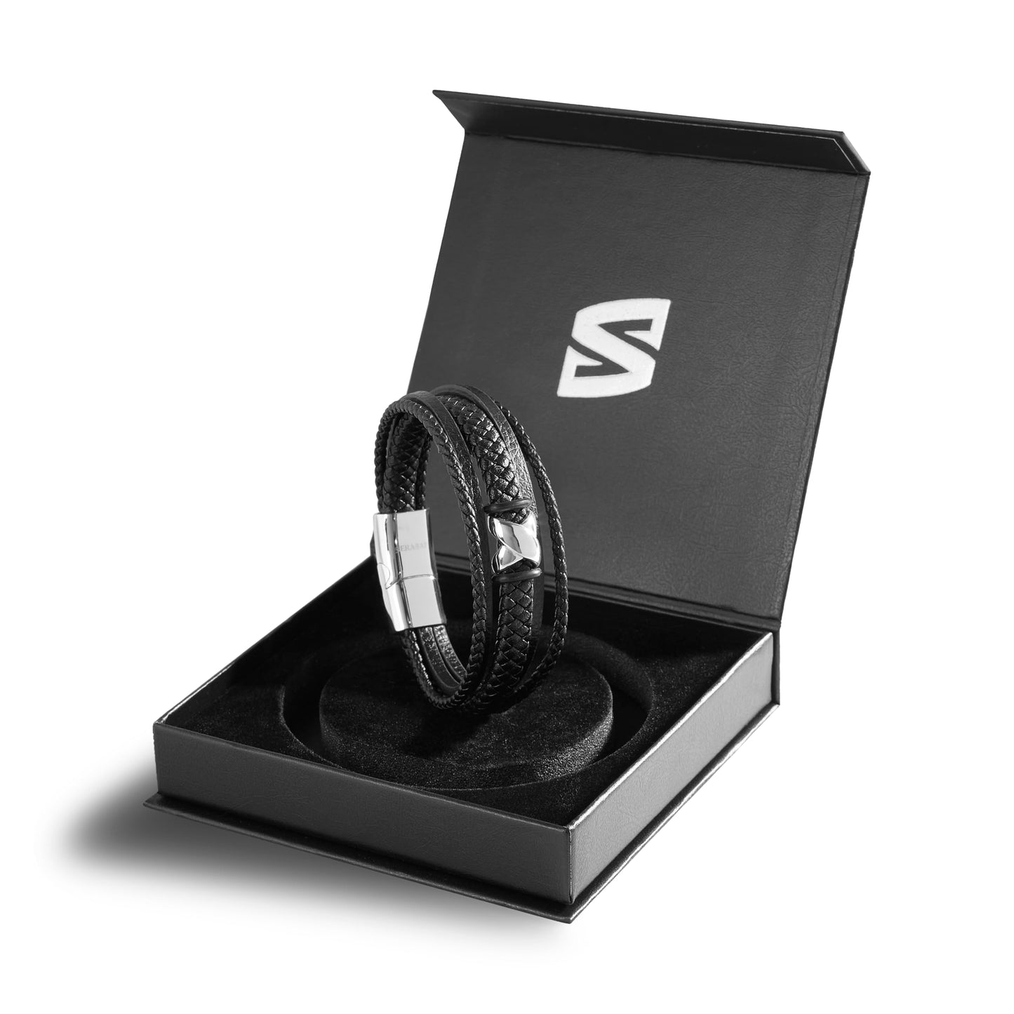 SERASAR Mens Leather Bracelet 17cm Silver Presents Men Gift Box Cowhide Braided Magnetic Clasp Multi Layer Wrap Rope Mans Male Bracelets Band Jewelry Magnet Accessories