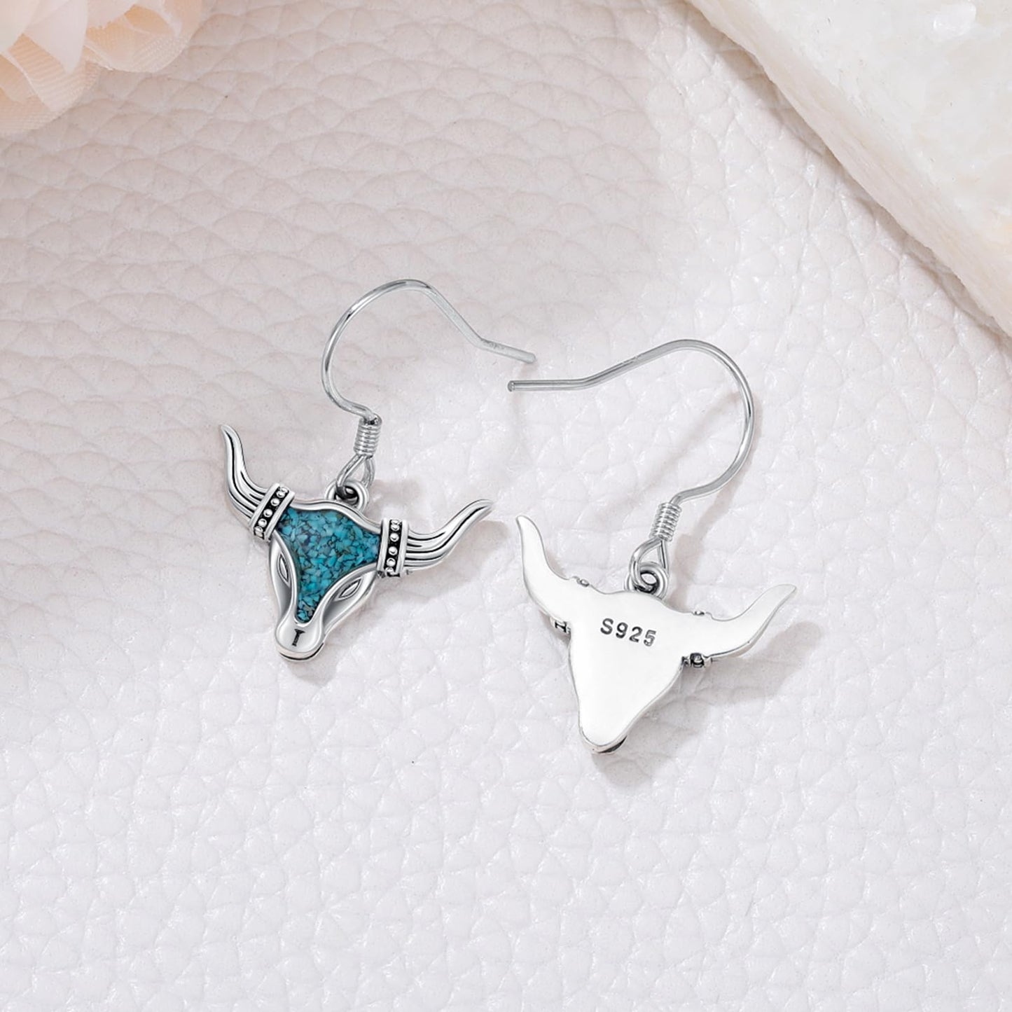 KoyeKei Western Cow Earrings for Cowgirl Cowboy 925 Sterling Silver Turquoise Texas Longhorn Cow Skull Dangle Drop Earrings Western Longhorn Country Jewelry Christmas Graduation Gifts for Mom Women