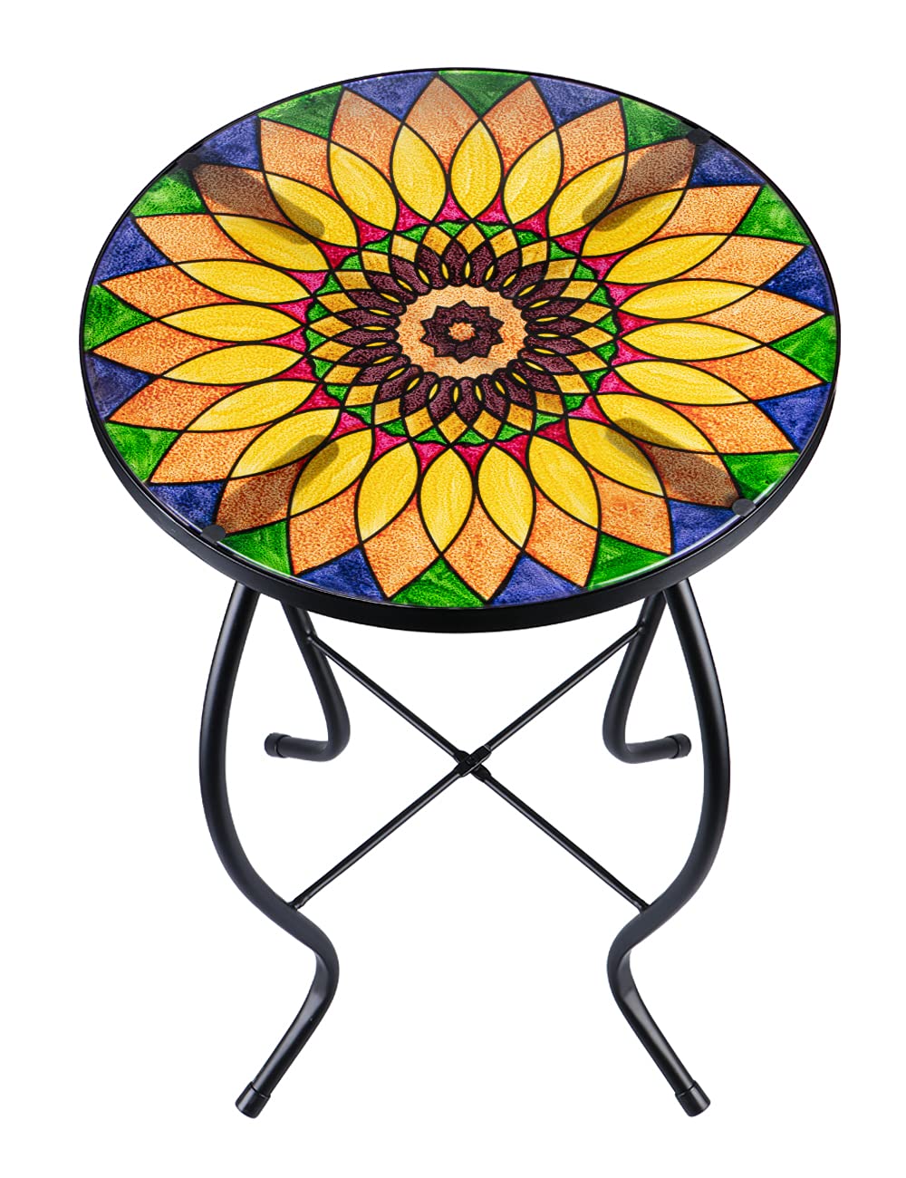 VCUTEKA Sunflower Outdoor Side Table, Mosaic Design, Small Glass Top, Round, Patio Side Table, Balcony Coffee Table, Indoor, 14 inches, Yellow