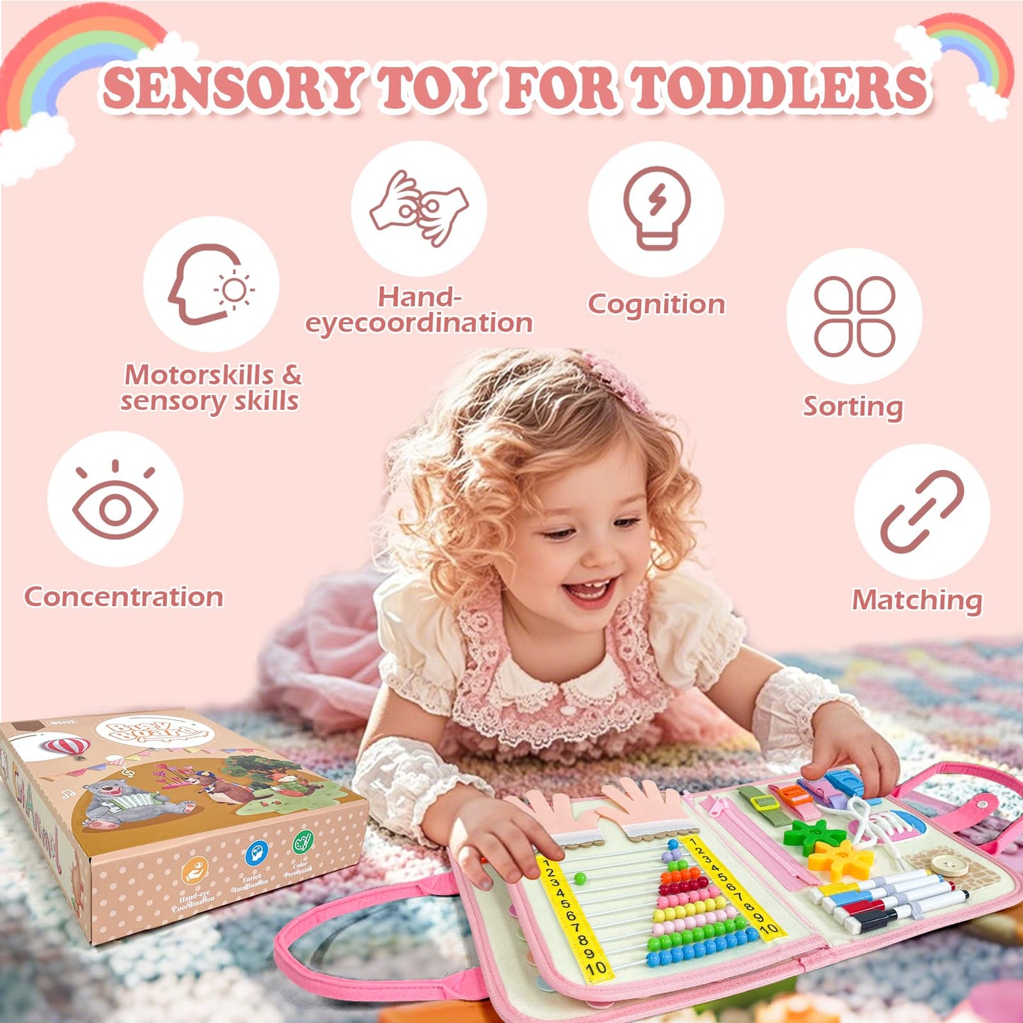 Aurasys Toddler Busy Board Montessori Toys for Girl Birthday Gift,Educational Learning Sensory Busy Book, Airplane Car Travel Activities Toy for Girl(Pink)