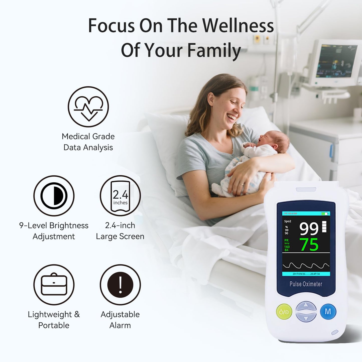 Continuous Pulse Oximeter Fingertip, Medical Grade Accuracy Pulse Oximeters for Baby Fast Reading for SpO2 and Pulse Rate Overnight Monitoring Infant Handheld Blood Oxygen Saturation Monitor for Adults and Kids