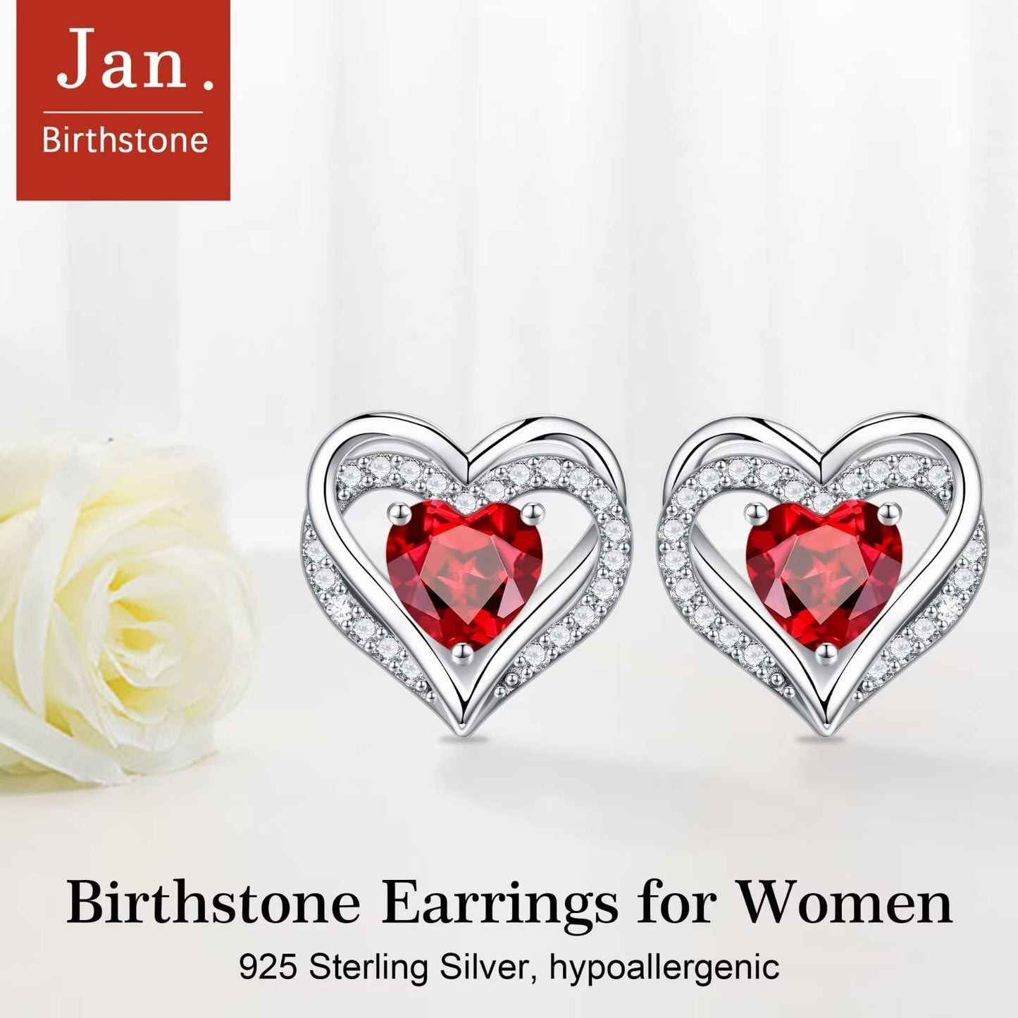 Iefil Birthstone Earrings for Women - 925 Sterling Silver January Birthstone Red Garnet Heart Stud Earrings for Women