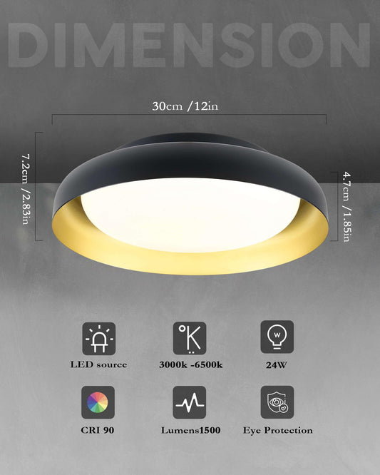 Ken & Ricky Flush Mount Ceiling Light Fixture, Led Dimmable 24w for Bedroom Kitchen Bathroom Laundry Hallway Entryway,Remote Control (Black and Gold,12Inch,1PK)