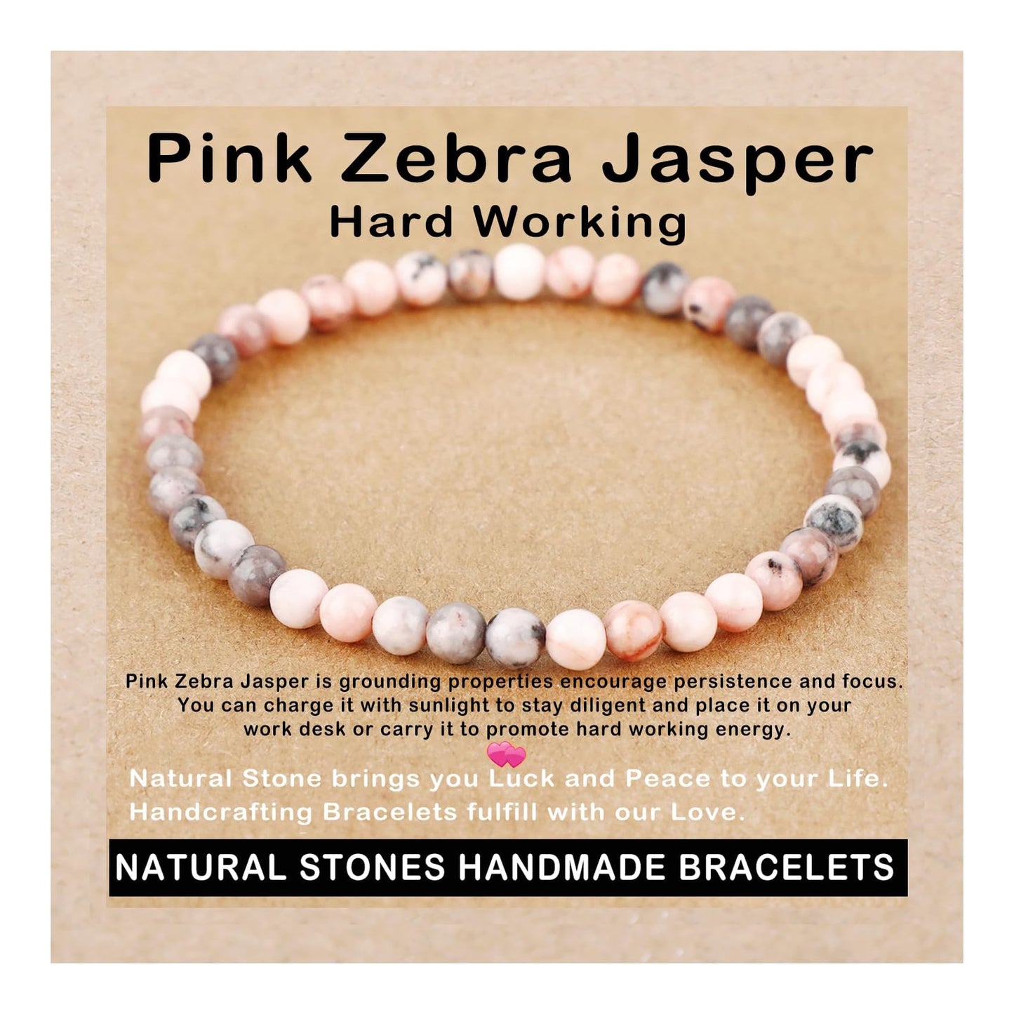AD Beads Handmade Gemstone Stretch Elastic Bracelet Crystal Healing Reiki Nature's Beauty and Spiritual Essence Unisex (4mm, Pink Zebra Jasper (Hard Working))
