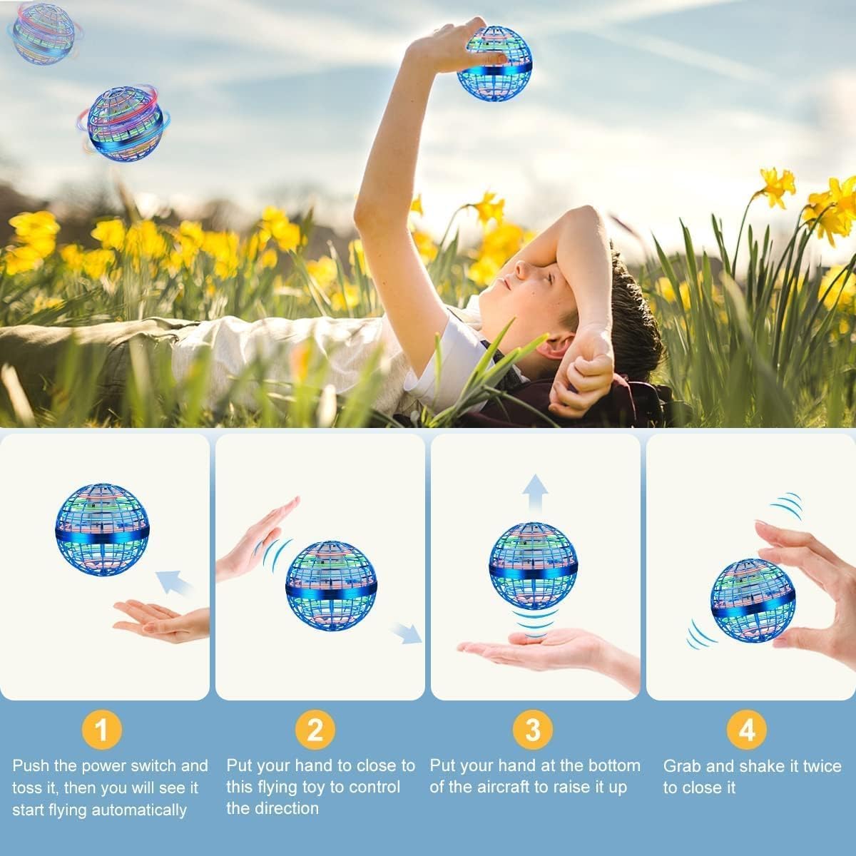 Junywell Flying Orb Ball Toy, Hover Hand Mini Drone Cosmic Globe, Fly Spinners for Kids Adults Indoor Outdoor Toys, Cool LED Lights Toys for 6 7 8 9 10+ Years Old Boys Girls Gift Blue