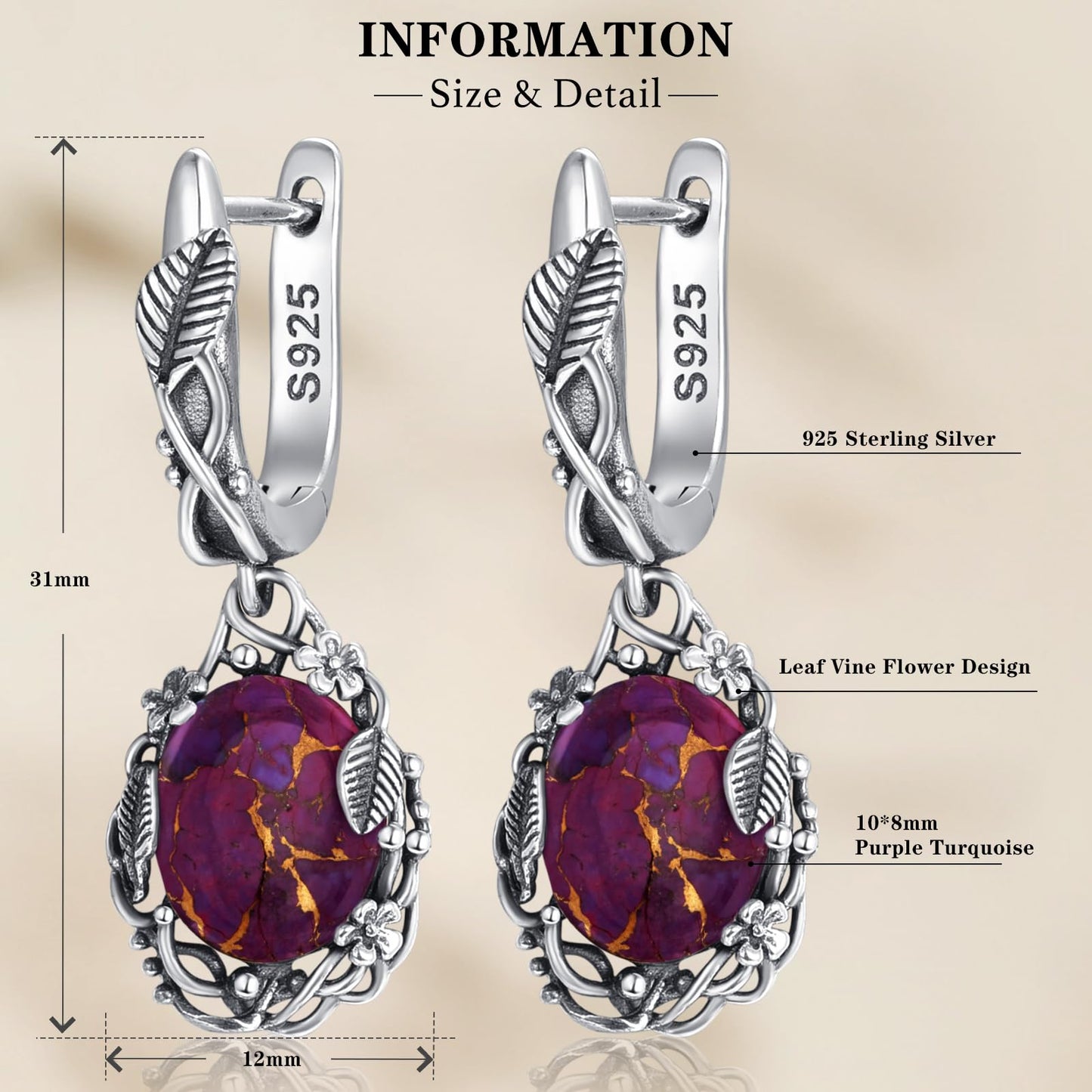 Phyonio Oval Purple Turquoise Dangle Earrings for Women Leaf Vine Flower Latch Back 925 Sterling Silver Earring Vintage Oxidised Bohemian Valentines Day Gift for Wife