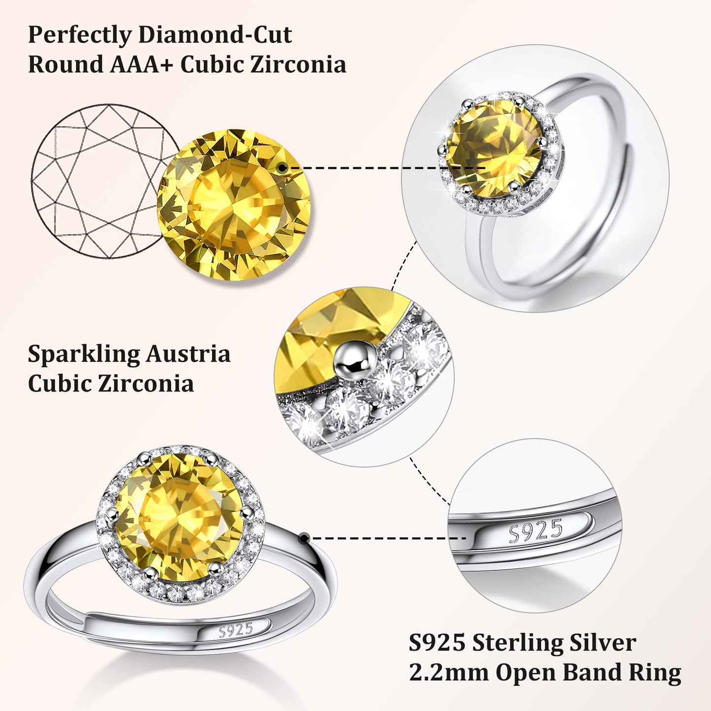 Bestyle S925 Sterling Silver Round Crytsal Rings, Dainty November Critine Crystals Birthstone Rings, Anniversary/Mother’s Day/Birthday Jewelry Gifts for Women Mom/Wife/Sister/Best Friend