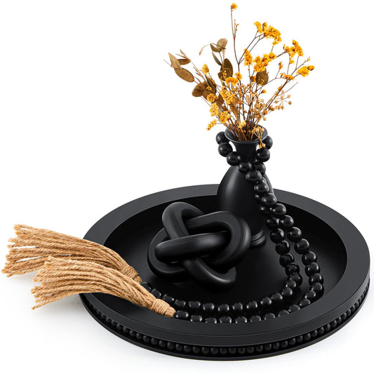 3 Pcs Coffee Table Decor Include 12in Black Wooden Serving Tray, Wood Boho Knot Chain and Wood Bead Garland with Tassels for Coffee Table Housewarming Gift Dining Room Entryway Living Room Farmhouse
