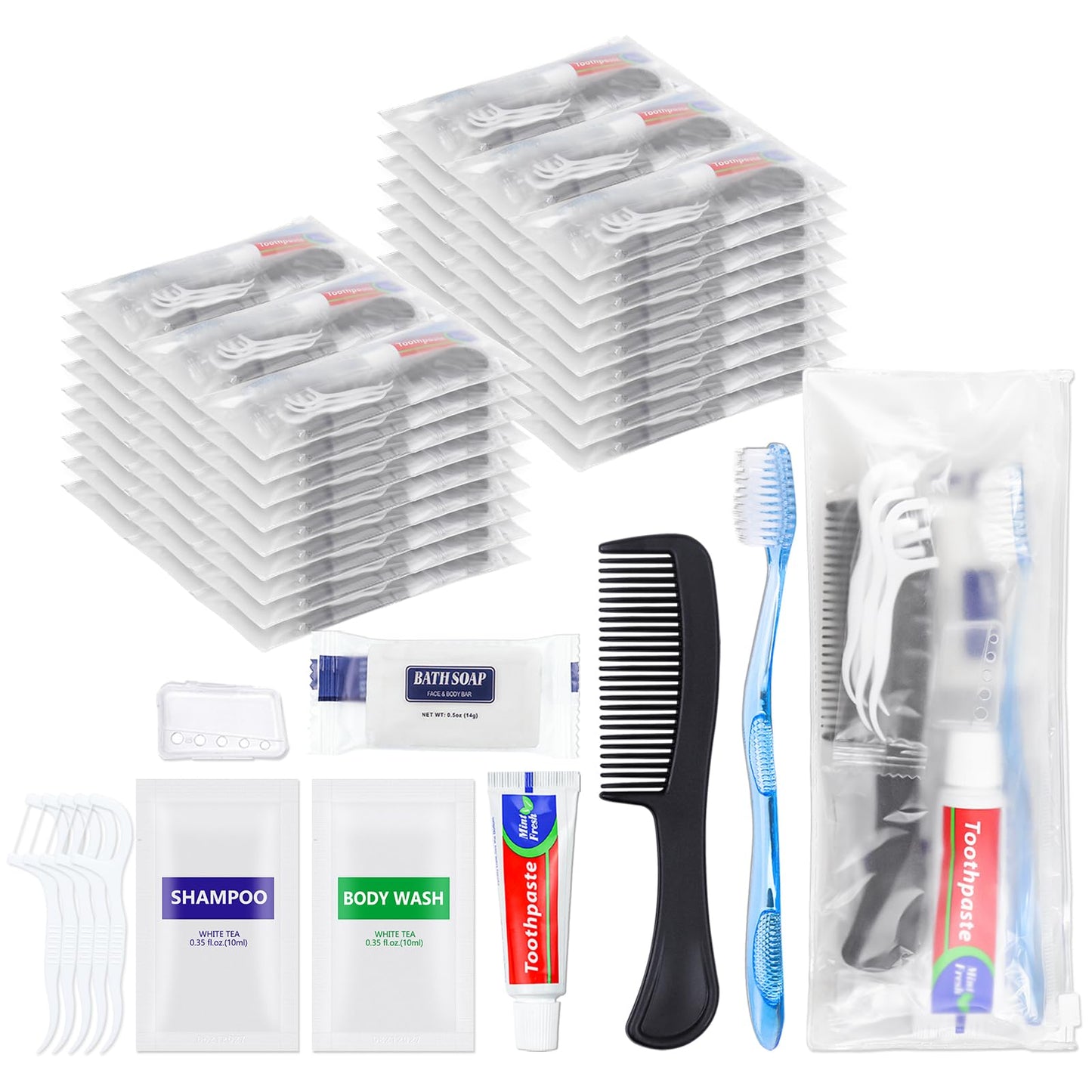 5 Sets Personal Hygiene Kit Basic Toiletry Kits Homeless Supplies Bulk for Travel,Charity,Business Include 5 Toothbrush, 5 Toothpaste, 5 Comb, 5 Bath Soap, 5 Shampoo,5 Body Wash, 25 Floss Picks