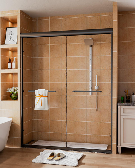 Sliding Shower Door 56-60" W x 72" H, Bathroom Sliding Door,Double Sliding Glass Shower Door, 1/4-Inch (6mm) Clear Tempered Glass, Easy Install Frameless Shower Doors for Walk-in Shower (Matte Black)