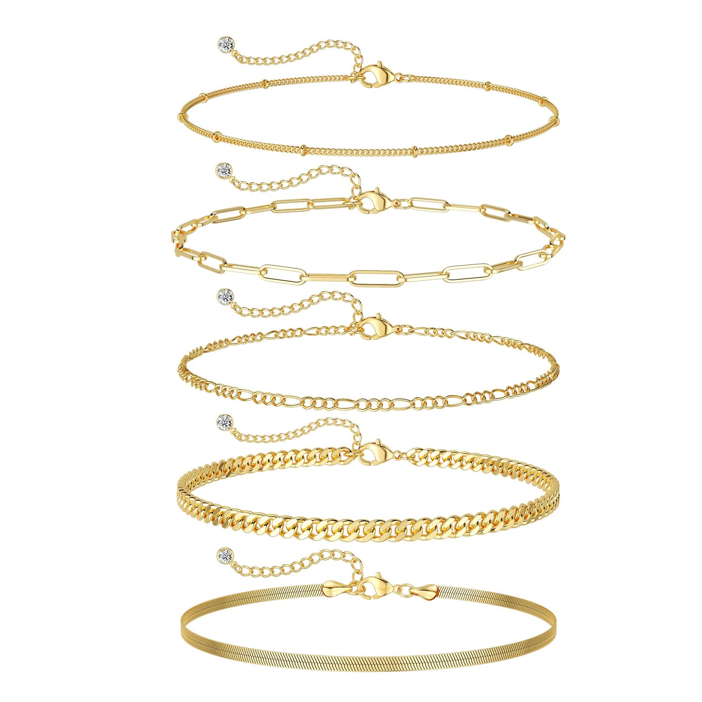 DEARMAY 14K Gold Plated Bracelets for Women Jewelry Sets Stack Trendy Dainty Stackable Paperclip Rope Snake Box Figaro Chain Bracelets Pack Costume Fashion Gifts