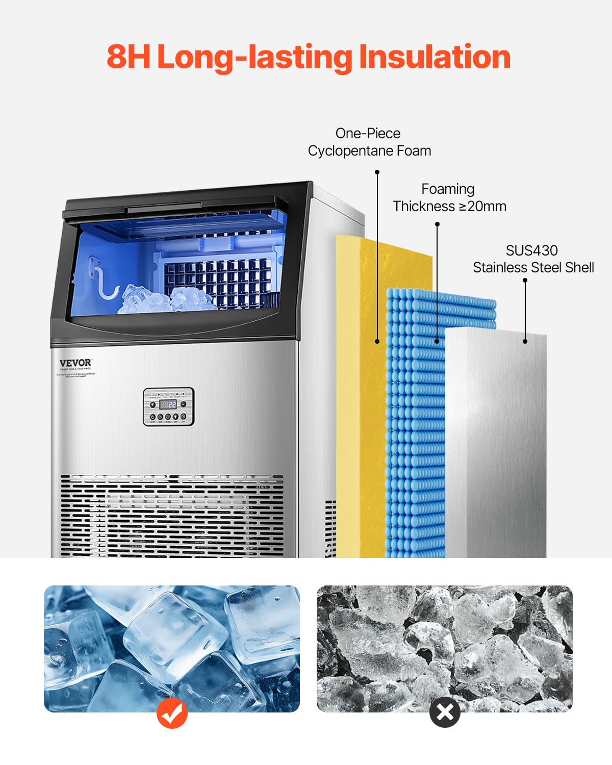 VEVOR 90lbs/24H Commercial Ice Maker Machine with Drain Pump, 33lbs Storage Capacity Ice Maker, 50 Ice Cubes in 15 Minutes, LED Digital Display Freestanding Self-Cleaning for Bar Office Restaurant
