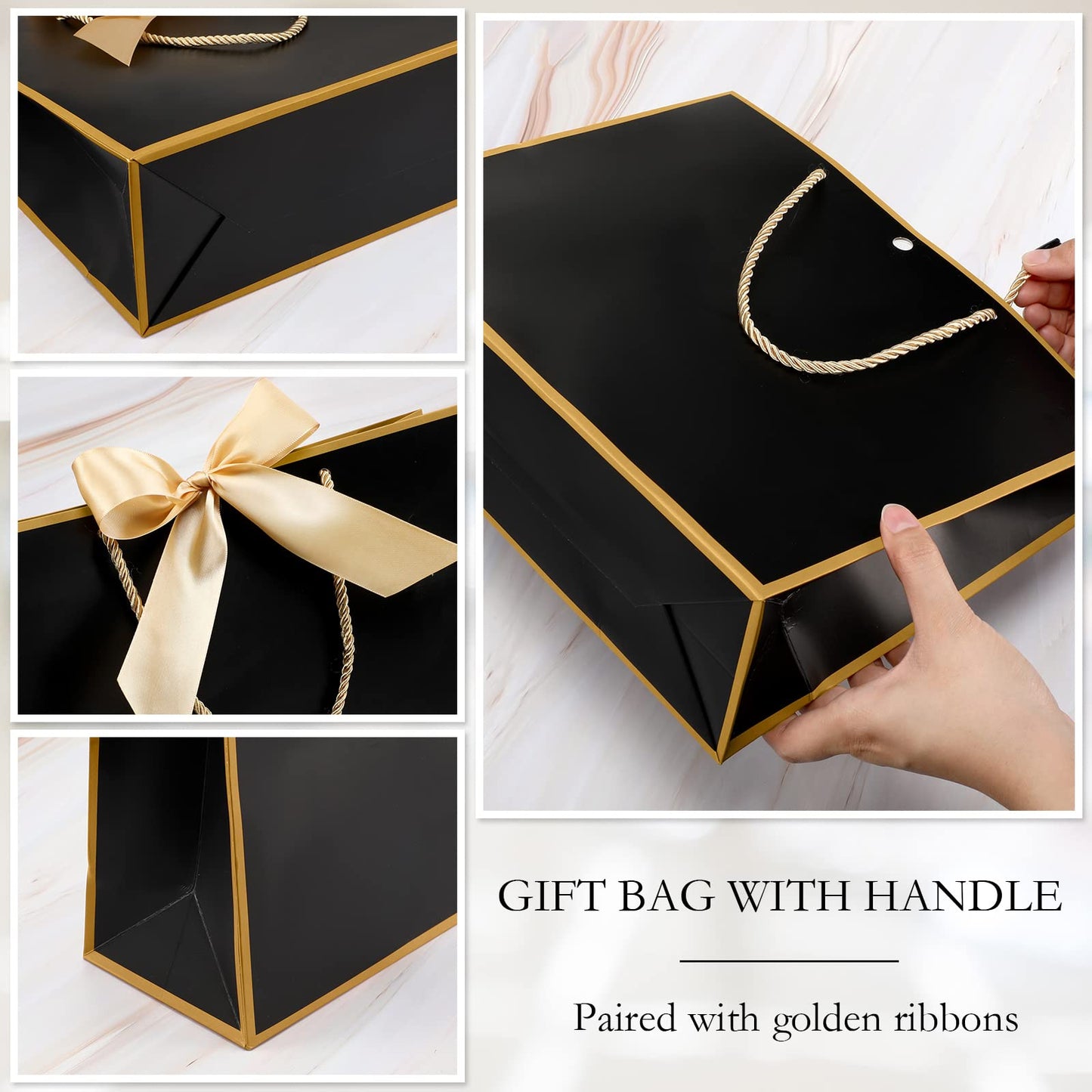Silkfly 12 Pcs Thank You Gift Bags with Handle 12x10x4'' Welcome Elegant Gifts Bag with Bow Ribbon for Mother's Day Wedding Graduation Bridesmaid Baby Shower Birthday Housewarming (Black)
