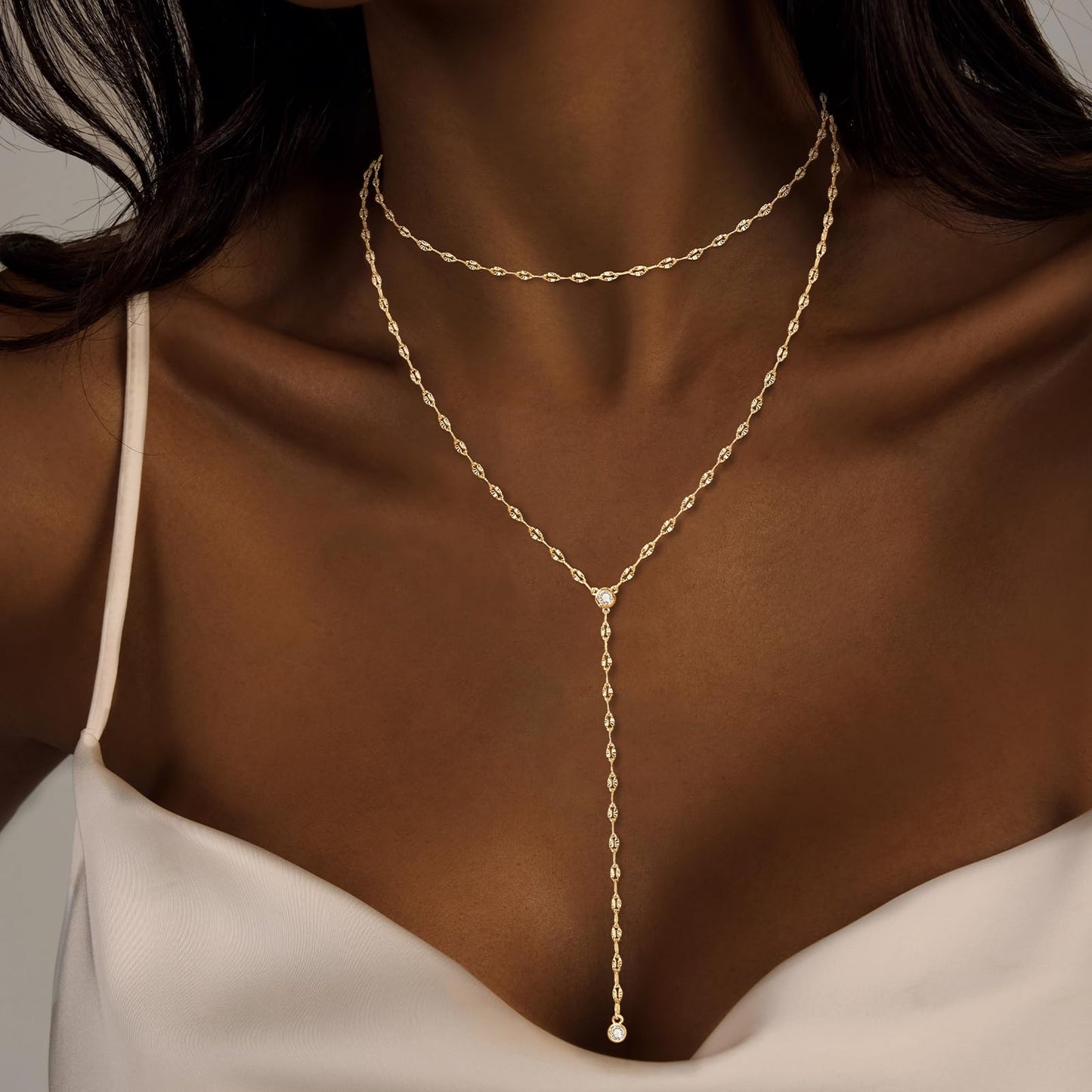 Luxval Gold Necklace for Women Trendy 14k Gold Plated Long Necklaces for Women Lariat CZ Y Necklace Dainty Layered Necklaces Shinny Drop Y-Shaped Chain Jewelry Gift Wedding