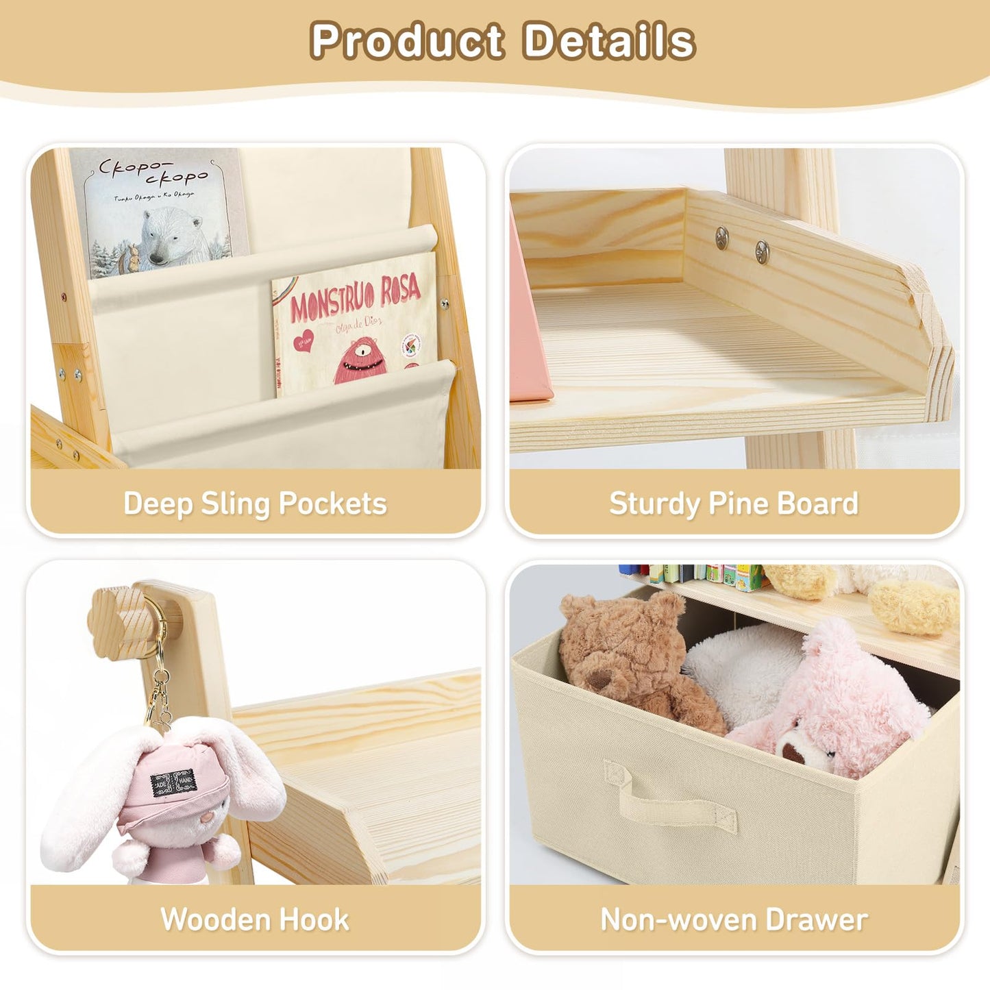 wooshwa Kids Bookshelf and Toy Organizer 2 in 1,Book Shelf for Kids Rooms with Movable Toy Bin,4 Tier Toddler Sling Book Rack for Nursery Bedroom Playroom (Beige)