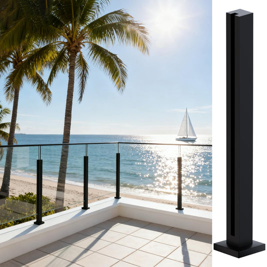 Cvter Glass Railing Post, No-Punch Heavy-Duty Glass Railing with Spigot Slots & Base, 304 Stainless Steel Clamp Bracket for Deck Balusters, Balcony, Patio, Stairs, Black 24in End Post