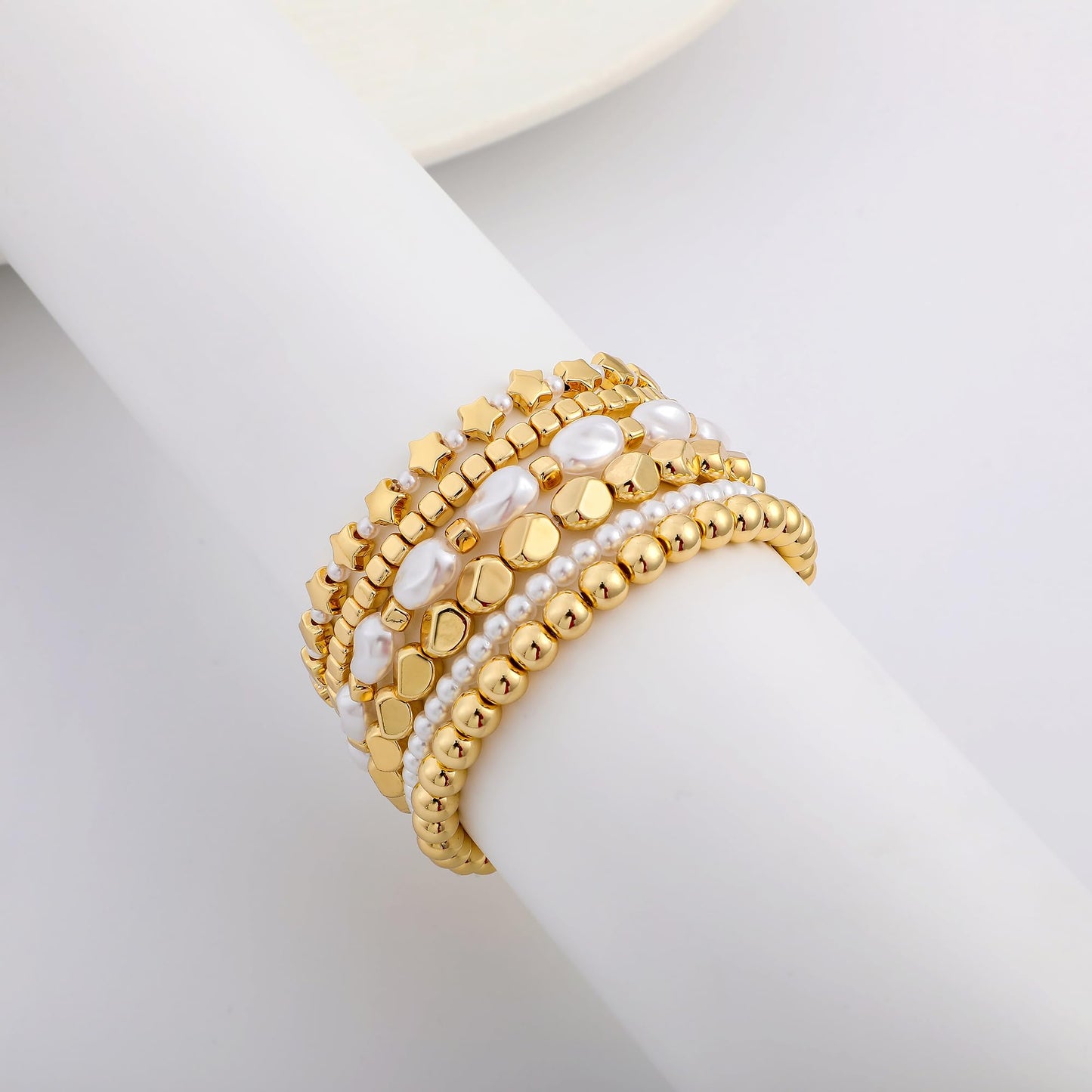 Sajidos Gold Plated Beaded Bracelets for Women Trendy, 14K Gold Plated Stack Cross Pearl Gold Plated Bead Stretch Bracelets Set Elastic Hypoallergenic Bracelets Jewelry Gifts (style11-star)