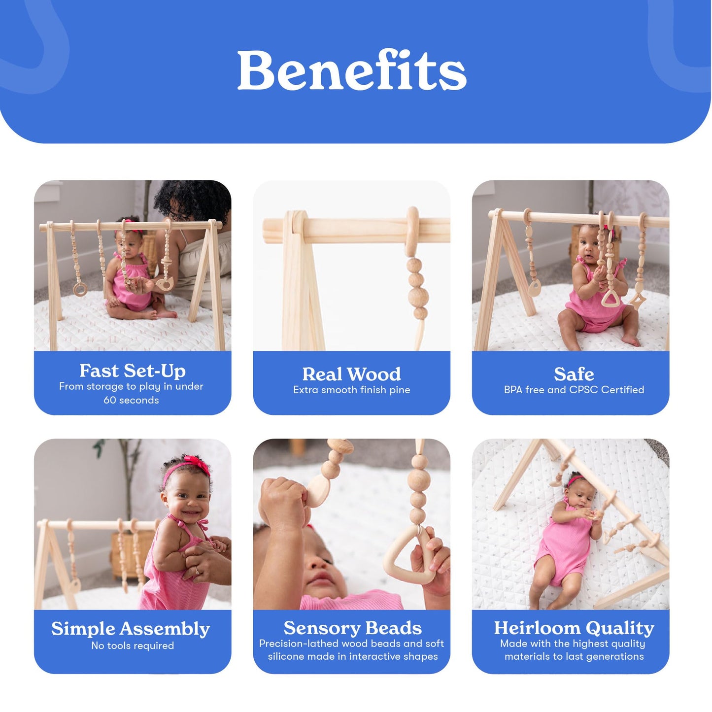 Poppyseed Play Wooden Baby Play Gym | Montessori-Inspired Activity Center with 4 Hanging Toys | Natural Wood & Silicone | Ideal for Tummy Time, Sensory Play & Motor Skill Growth | 0-12 Months