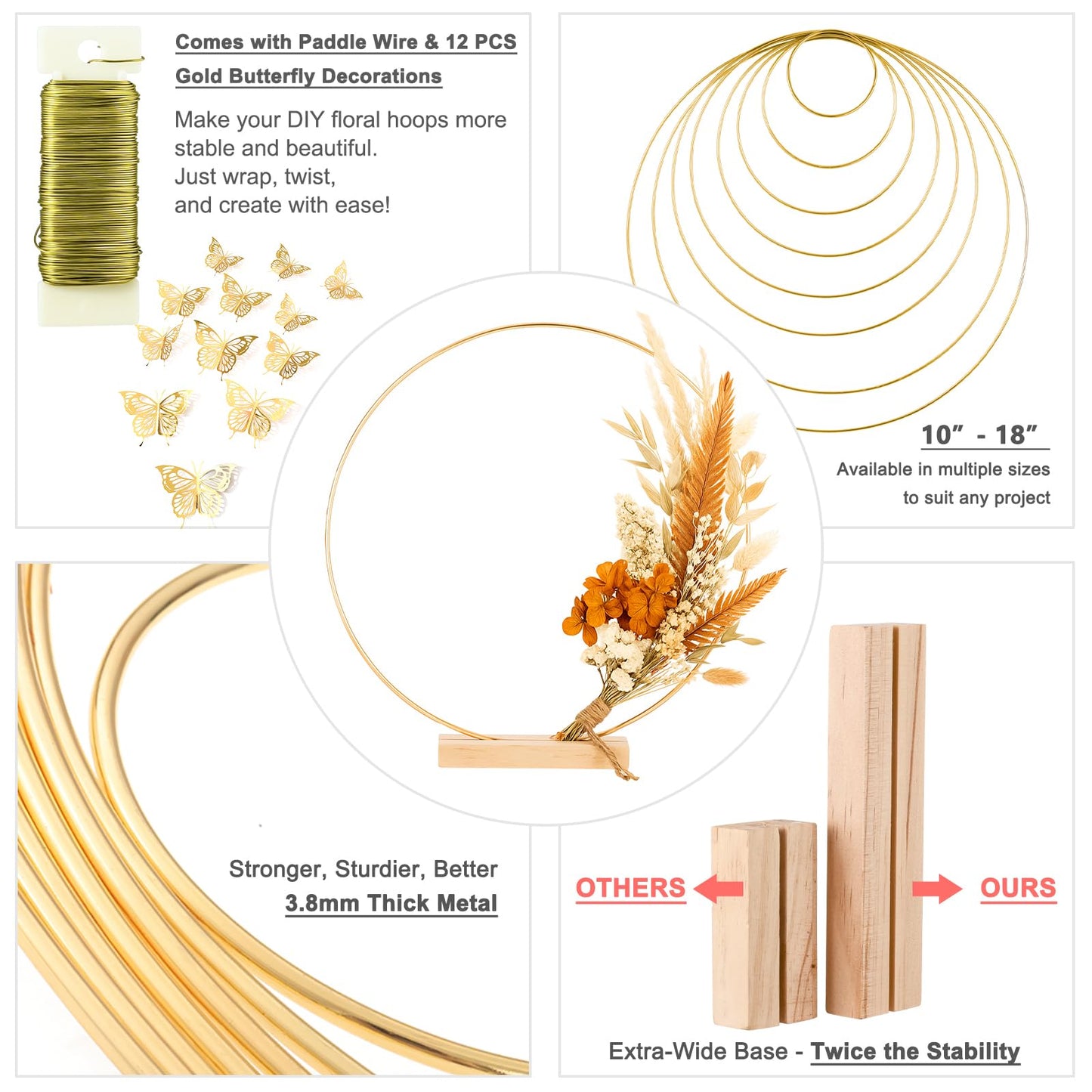 10 Pack Floral Hoop with Stand and 38-Yard Paddle Wire 12 Inch Metal Rings for DIY Centerpiece Table Decorations Crafts Macrame Rings Hoop Wreath Dream Catcher Rings Wedding Christmas Wreaths, Gold