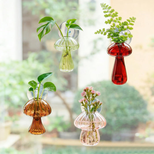Window Propagation Stations, Propagation Vases, Colored Mushroom Glass Vases with Suction Cups, Nail-Free Easy-Install Wall-Mounted Planters, Plant Lover Gifts (4-Pack)