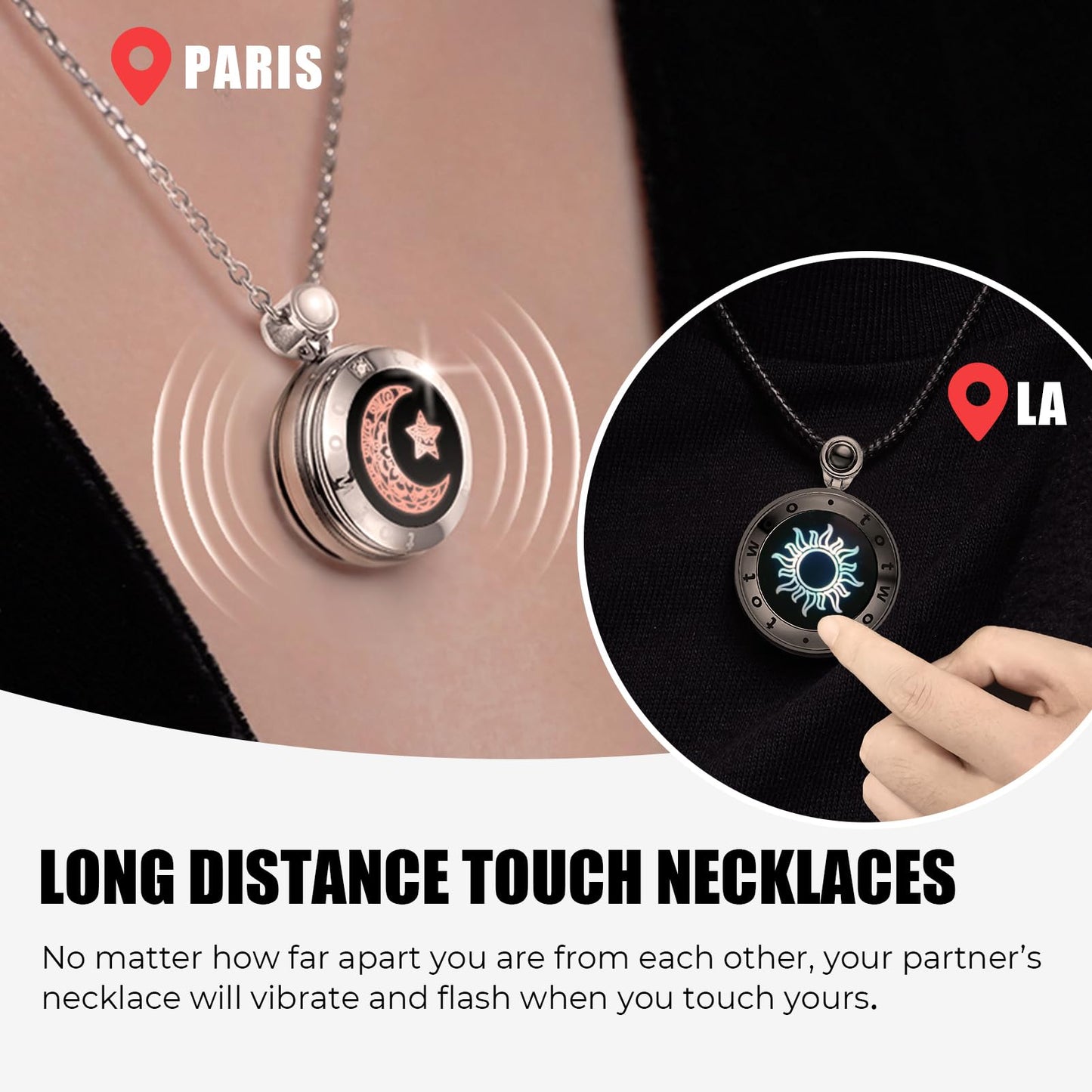 Single Long Distance Touch Necklace for Couples, Vibration & Light Up Smart Love Jewelry, Long Distance Relationship Gifts for Girlfriend Boyfriend Her Him, One-to-One Bluetooth Pairing via the Companion App, Silver Moon