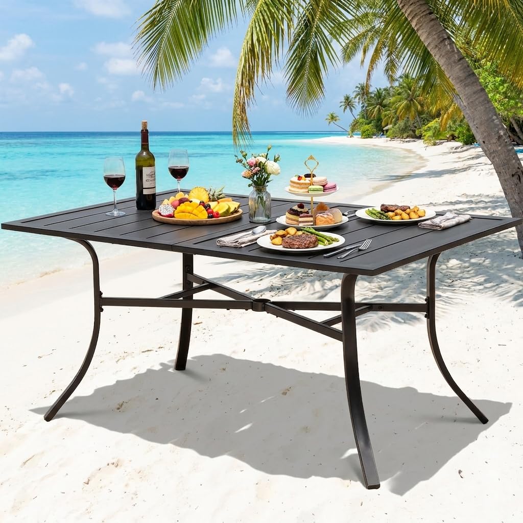 DWVO Patio Dining Table for 6, 59" Rectangular Black Outdoor Dining Table with Umbrella Hole, Heavy Duty Metal Outdoor Patio Table for Garden Backyard Lawn, Weatherproof E-Coating Finish