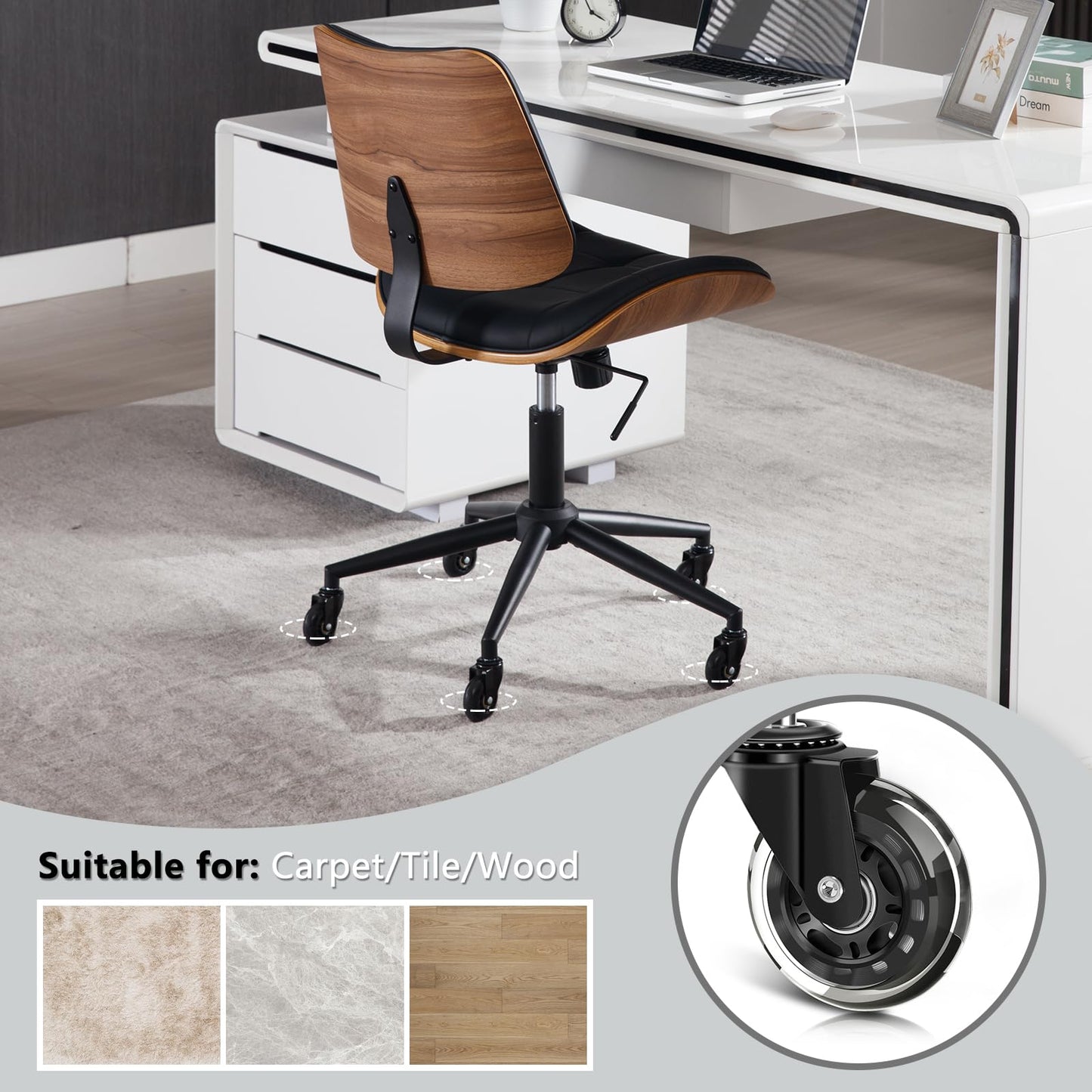 BERYTH Home Office Desk Chair with Wheels, Adjustable Height Armless Office Chair, PU Leather Mid Back 360° Small Computer Chair, Modern Walnut Chair No Arms for Office, Reading Meeting Room(Black)