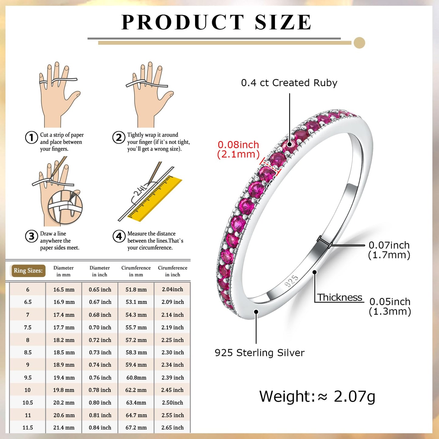 AGRULE Ruby Wedding Band 925 Sterling Silver Created July Birthstone Ring 0.4 Cttw Half Eternity Band Red Gemstone Engagement Rings Stackable Ring for Women, Size 8