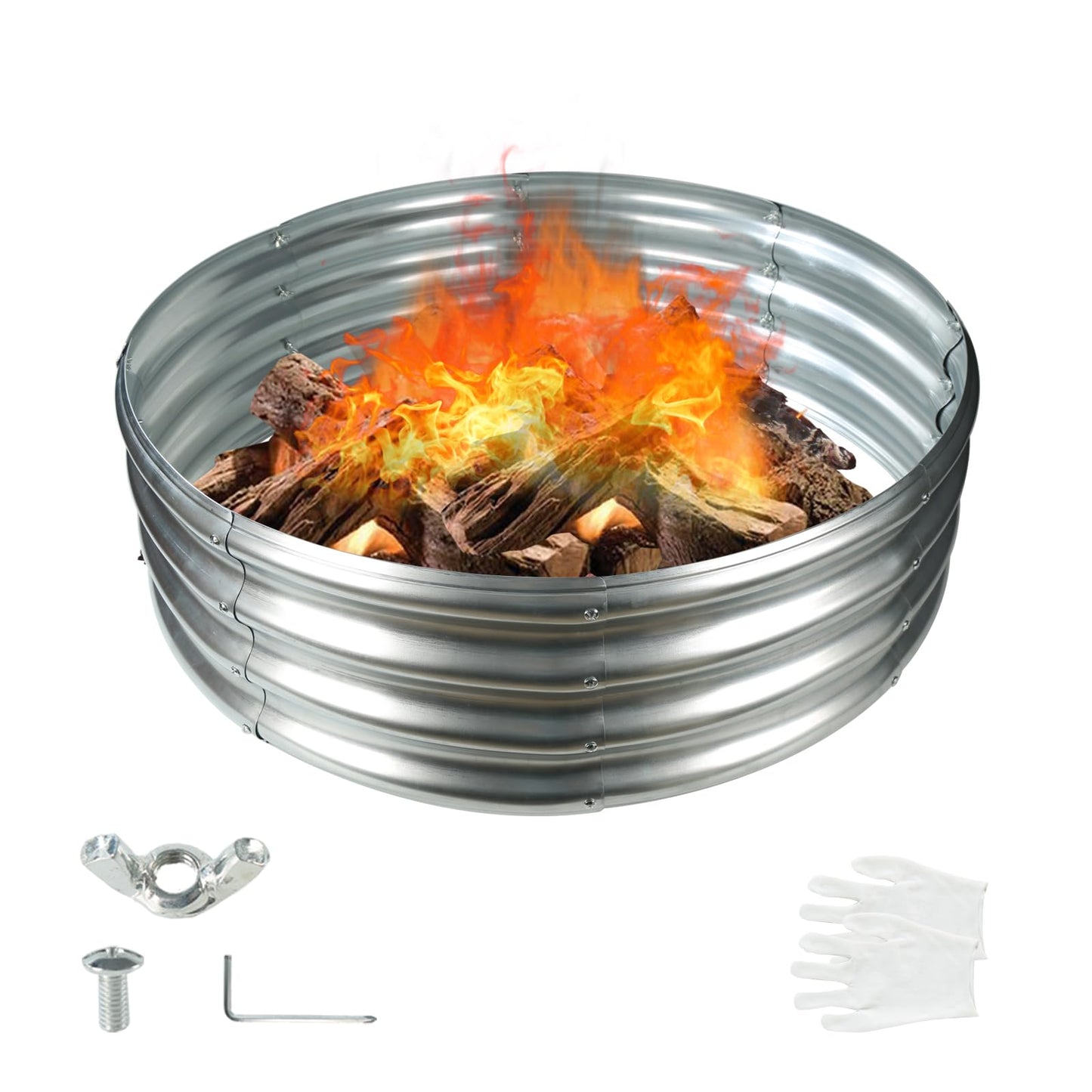 YSEJOMP 36 Inch Round Galvanized Fire Pit Ring/Fire Ring - Foldable and Perfect for Outdoor Gatherings and Campfires in the Yard/Garden/Park/Beach (3 FT Diameter, Silver)
