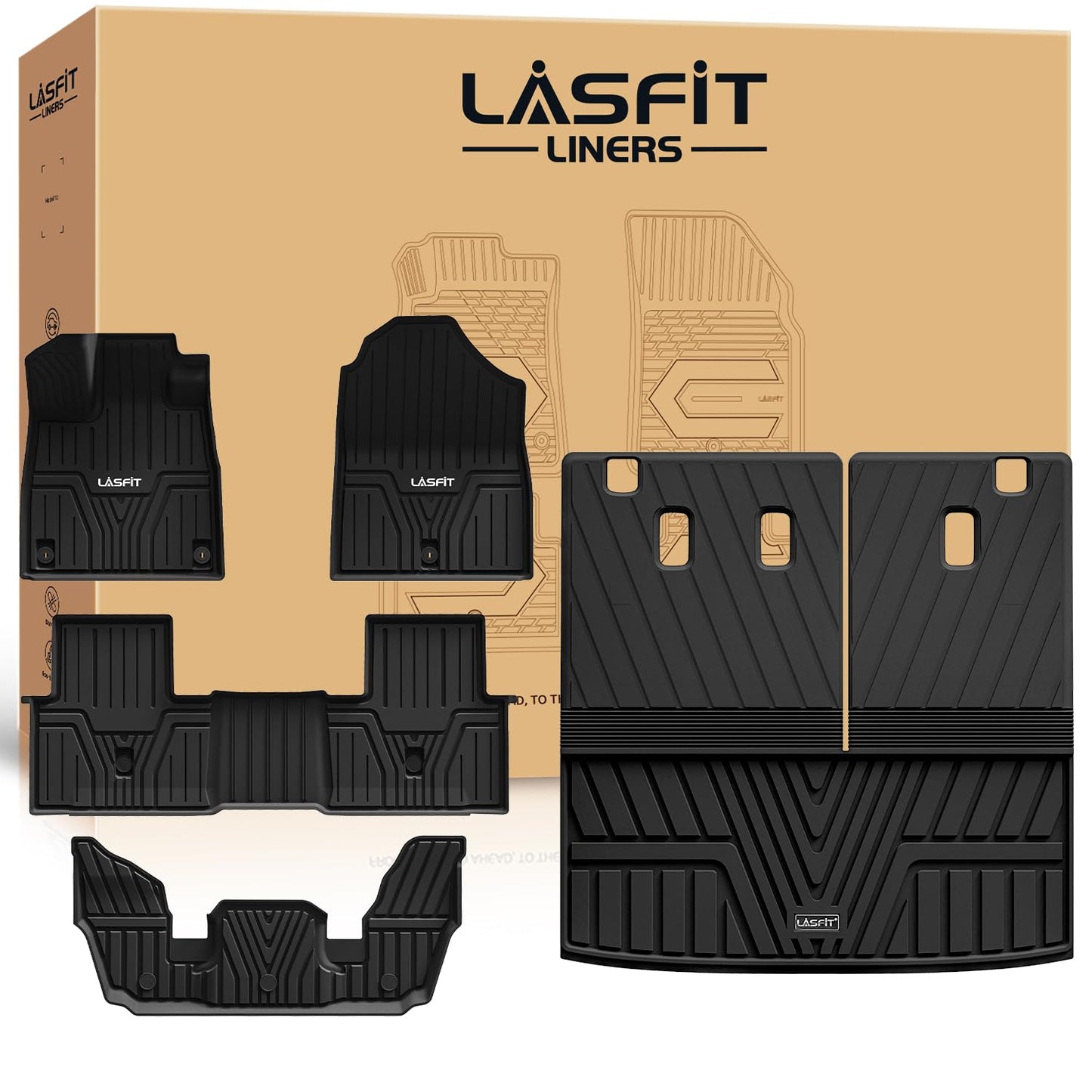 LASFIT Floor Mats & Trunk Mat with Backrest Mat for Honda Pilot 2023-2025 2026, Split & One-Piece Foldable Seating All Weather TPE Floor Liners 1st & 2nd & 3rd Row & Cargo Mat with Seatback Mat, Black