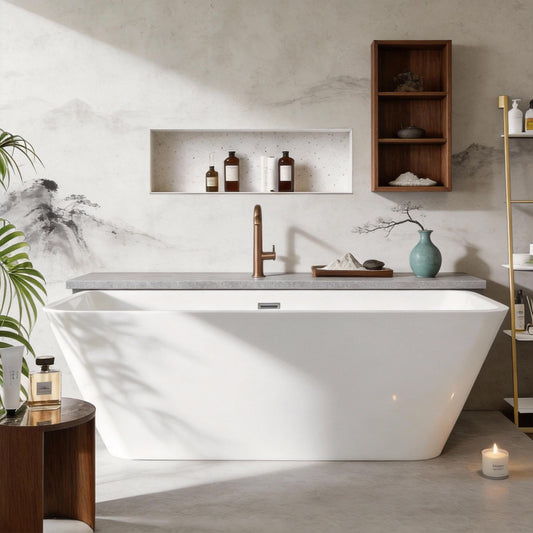 59" Acrylic Freestanding Soaking Tub, Contemporary Design Bathtub, Chrome Overflow & Drain, Easy Installation for Modern Bathroom, White