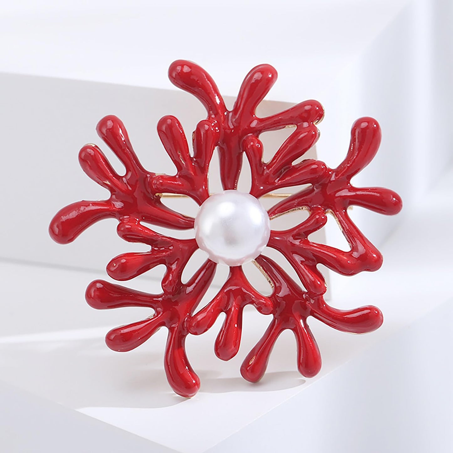 Elegant Coral Flower Brooch for Women Pearl Red Floral Lapel Pins Wedding Party Dance Dress Suit Clothes Accessories Jewelry