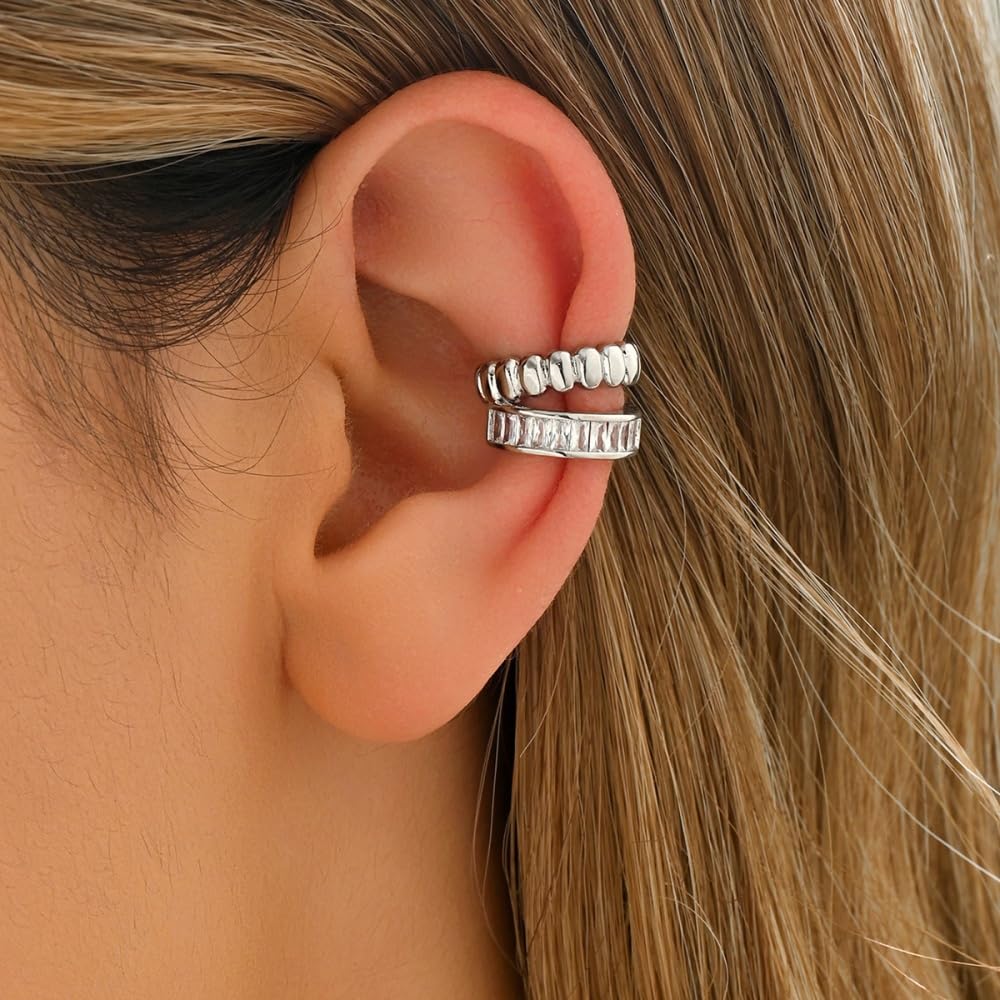 Kokoma Double Layered Cubic Zirconia Ear Cuff for Women C-Shaped Cartilage Tragus Earring Dainty Non-Piercing Clip On Hoop Fashion Ear Jewelry