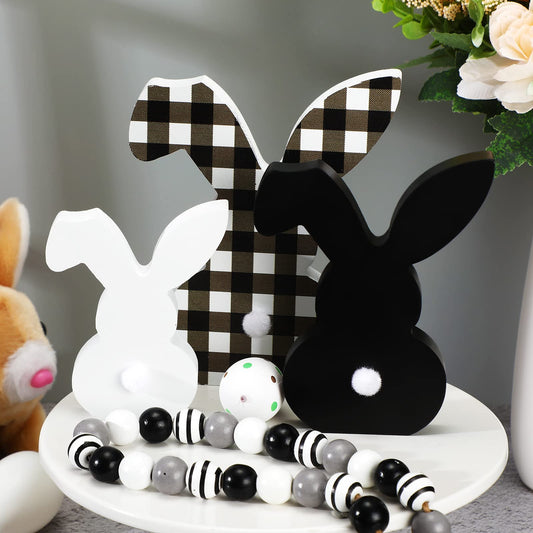 3 pcs Easter Bunny Table Wooden Signs Decor Spring Farmhouse Wood Bunnies Buffalo Plaid Bunny Cute Easter Craft Freestanding Centerpiece Signs for Kids Happy Easter Party Supplies Dining Room Table