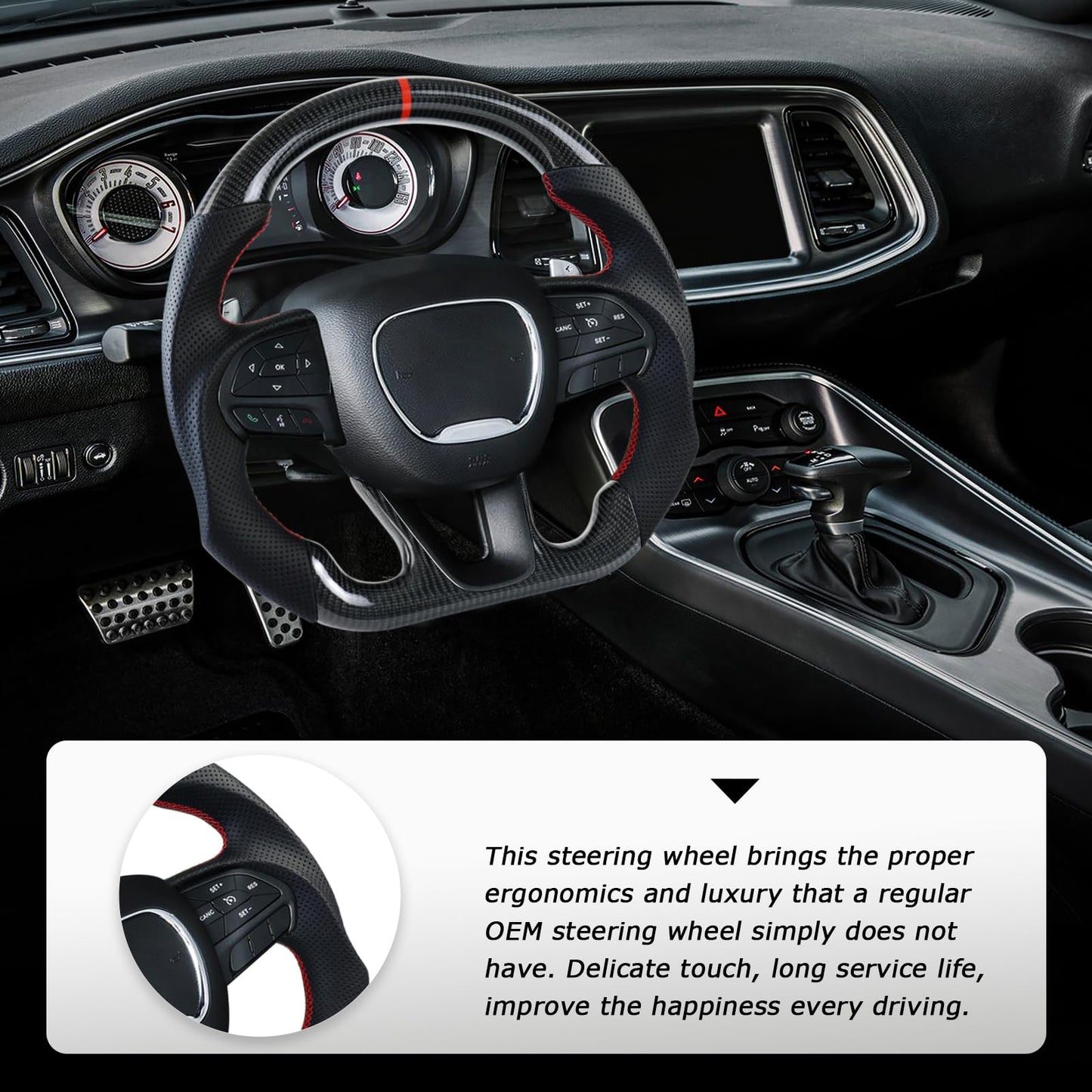 LOSCHEN Steering Wheel for Dodge, 3K Real Carbon Fiber Steering Wheel for Dodge/Jeep Grand Cherokee/SXT/GT/RT/SRT/HELLCAT, Perforated Leather Upgrade D-shaped Flat-bottom