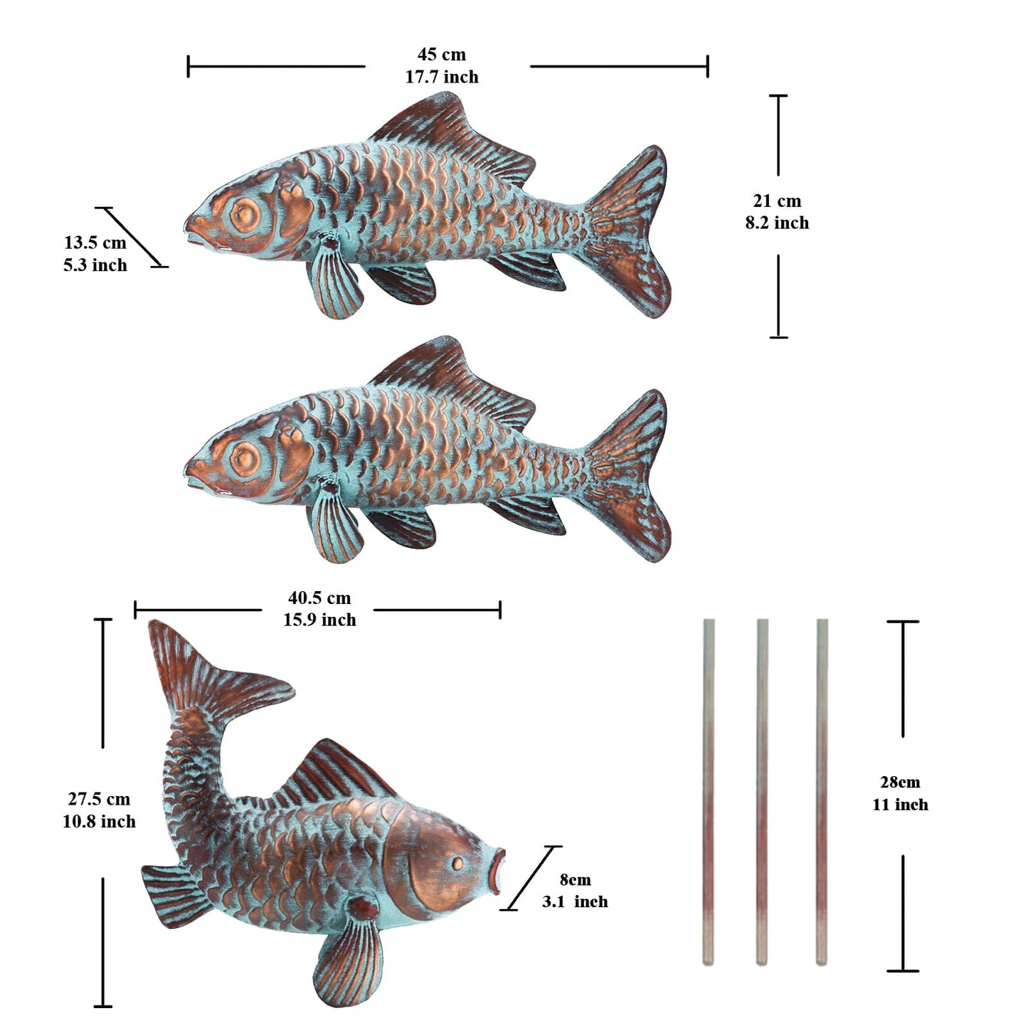 CLYB Metal Koi Fish Statues for Outside Pond Decor,Large Outdoor Fish Garden Sculptures & Statues,Antique Copper Garden Koi for Yard Patio Decoration,Metal Yard Art Gift for Mom Grandma,Set of 3