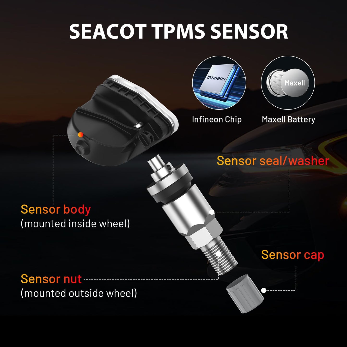 SEACOT TPMS Sensor GM, 4-Pack 315MHz Tire Pressure Sensor Replacement for Chevy Silverado GMC Cadillac Buick – OE# 13598771 13598772 13586335 13581558