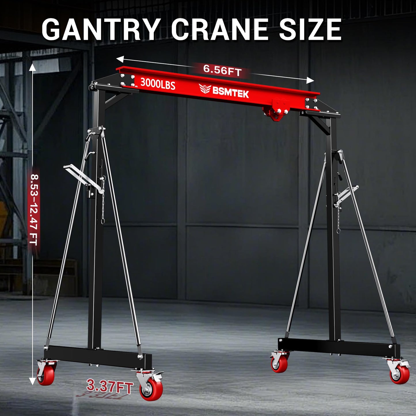 BSMTEK 1.5 Ton Gantry Crane Capacity, 3000LBS Adjustable Height (8.53-12.47 FT) & Width (6.56 FT), Steel I-Beam Construction, Portable Shop Hoist for Factories, Warehouses, Red-2026 Upgraded