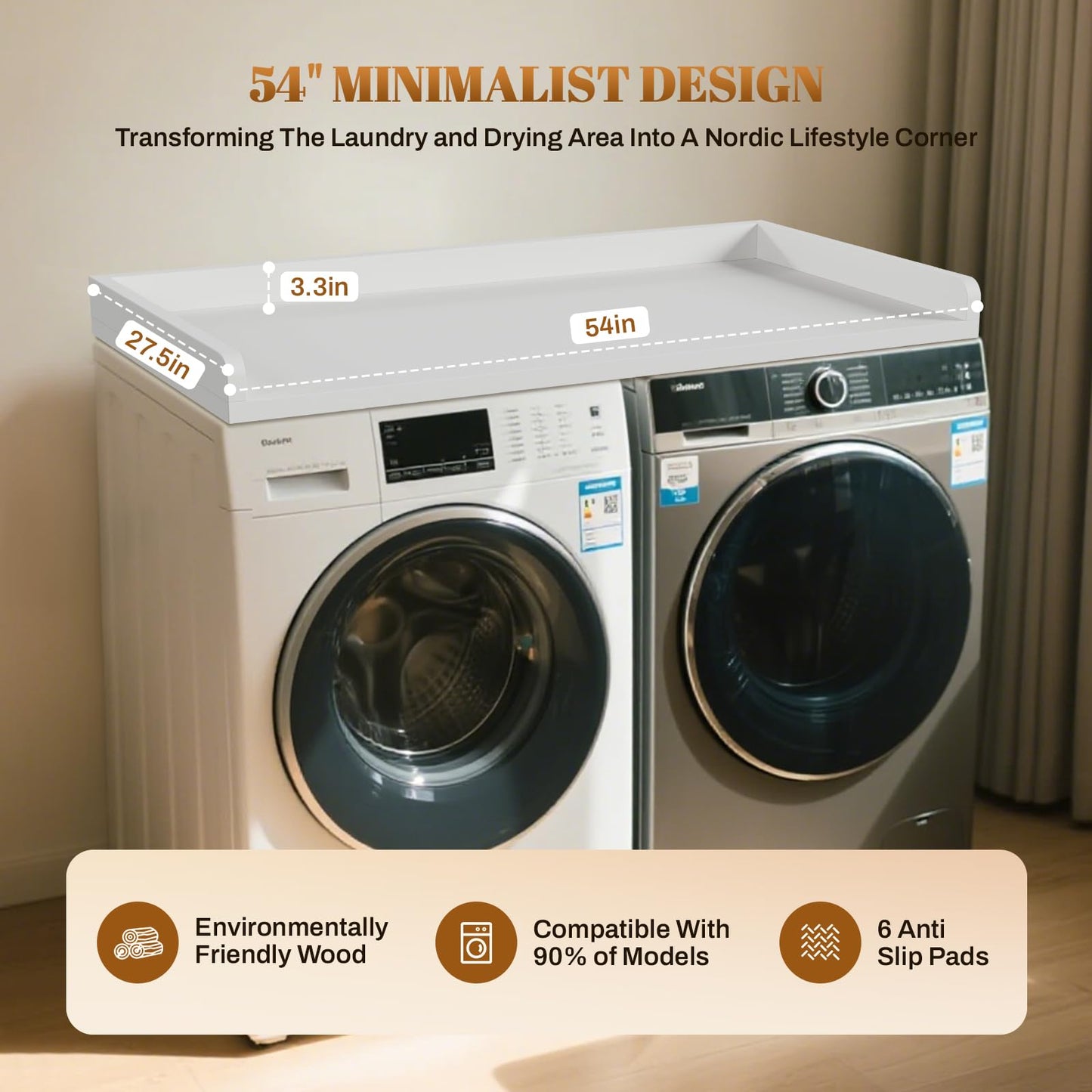 GCCSJ Washer Dryer Countertop, 54" Width x 27.5" Depth Wood Laundry Topper with Edge & Non-Slip Pads for Laundry Room Organization Storage & Clothes Folding, White