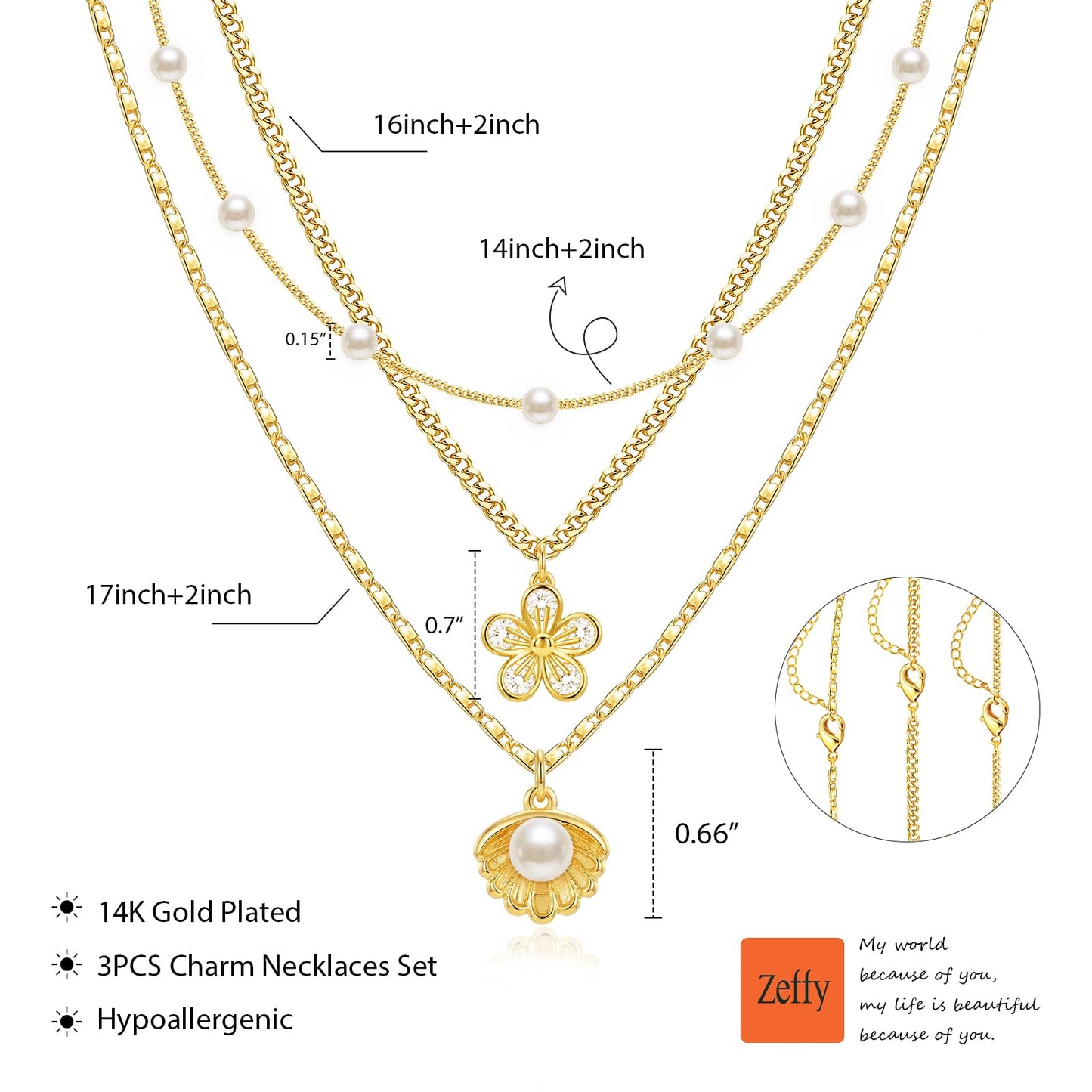 Zeffy Gold Layered Necklace for Women, Dainty Pearl Beaded Chain with Flower Pendant and Seashell Pearl Necklace, Trendy Multi Layer Choker Necklace Beach Jewelry