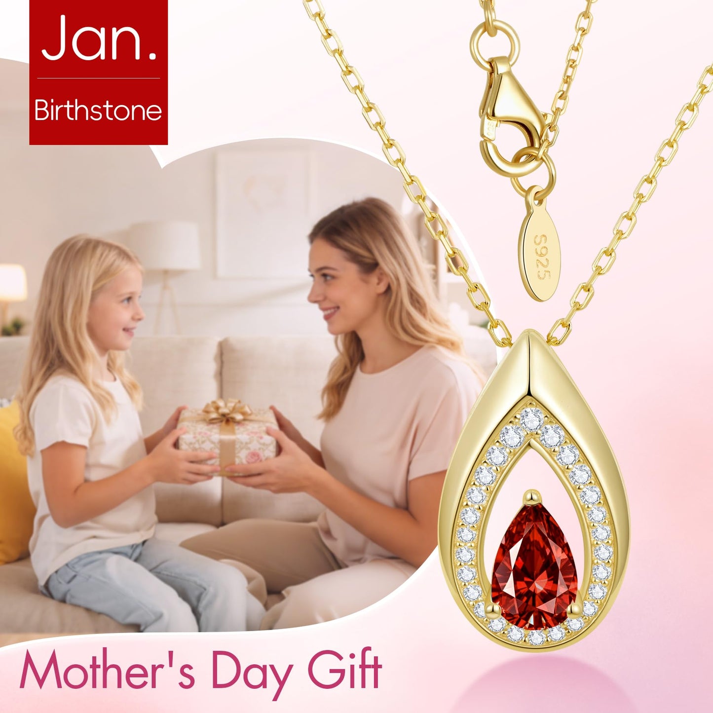Kstyle 14k Gold Garnet January Birthstone Pendant Necklaces for Women Birthday Gift Anniversary Valentine's Day Jewelry for Wife Daughter Grandma Mom Sister Non Tarnish