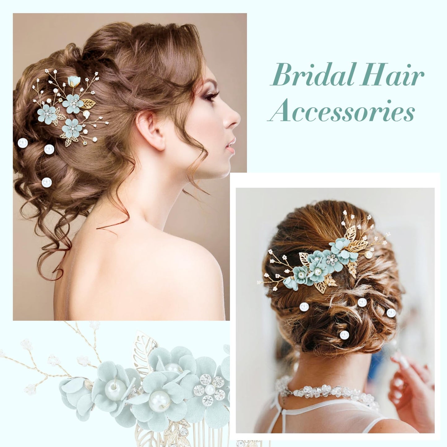 inSowni 20 Pieces Rhinestone Pearl Bridal Wedding Party Prom Light Green Flower Hair Side Combs Slides +U-shaped Floral Hair Pins+Twist Spiral Pearl Hairpins for Brides Bridesmaids Girls Women